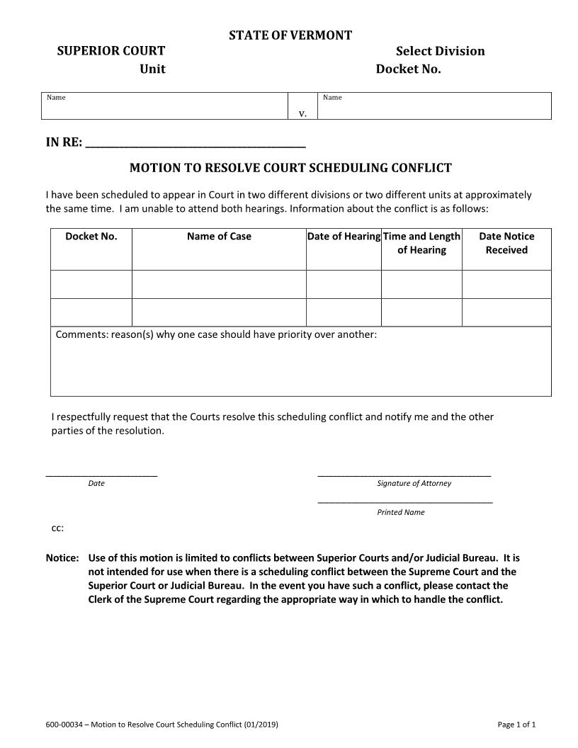 Motion To Resolve Scheduling Conflict {600-00034} | Pdf Fpdf Docx | Vermont