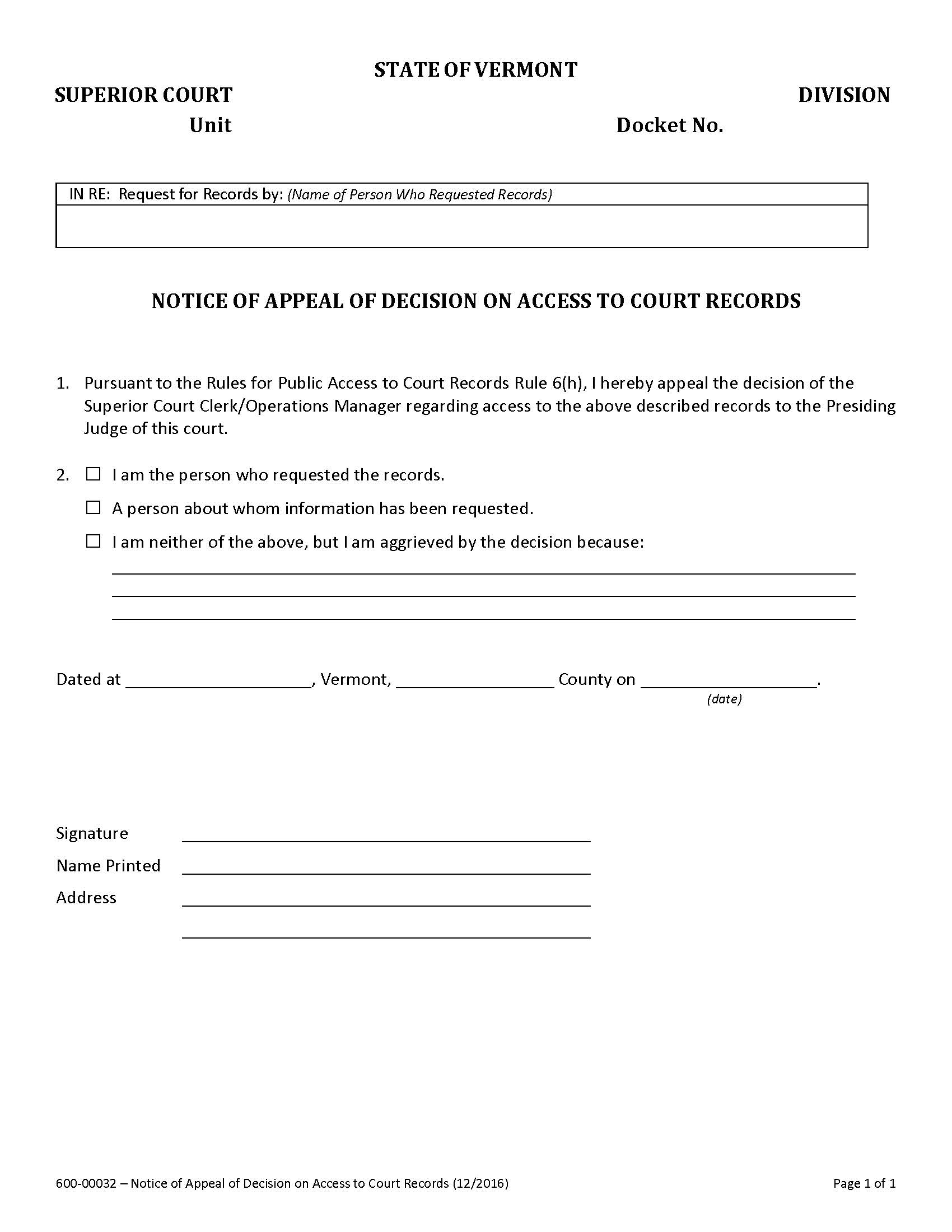 Notice Of Appeal Of Decision On Access To Court Records {600-00032} | Pdf Fpdf Docx | Vermont