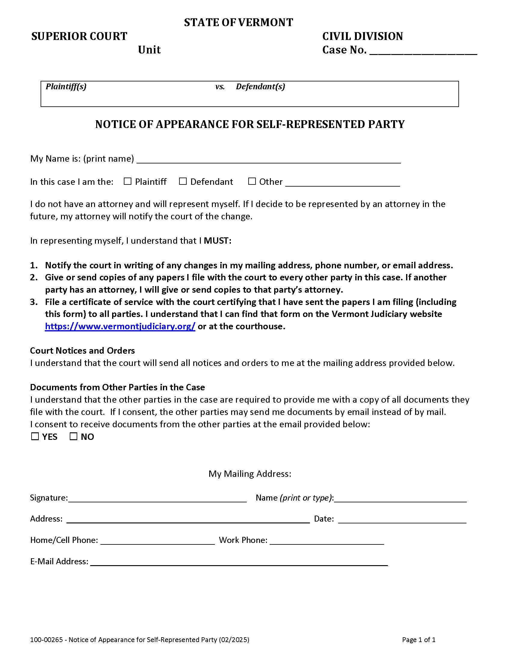 Notice Of Appearance For Self-Represented Litigant {100-00265} | Pdf Fpdf Docx | Vermont