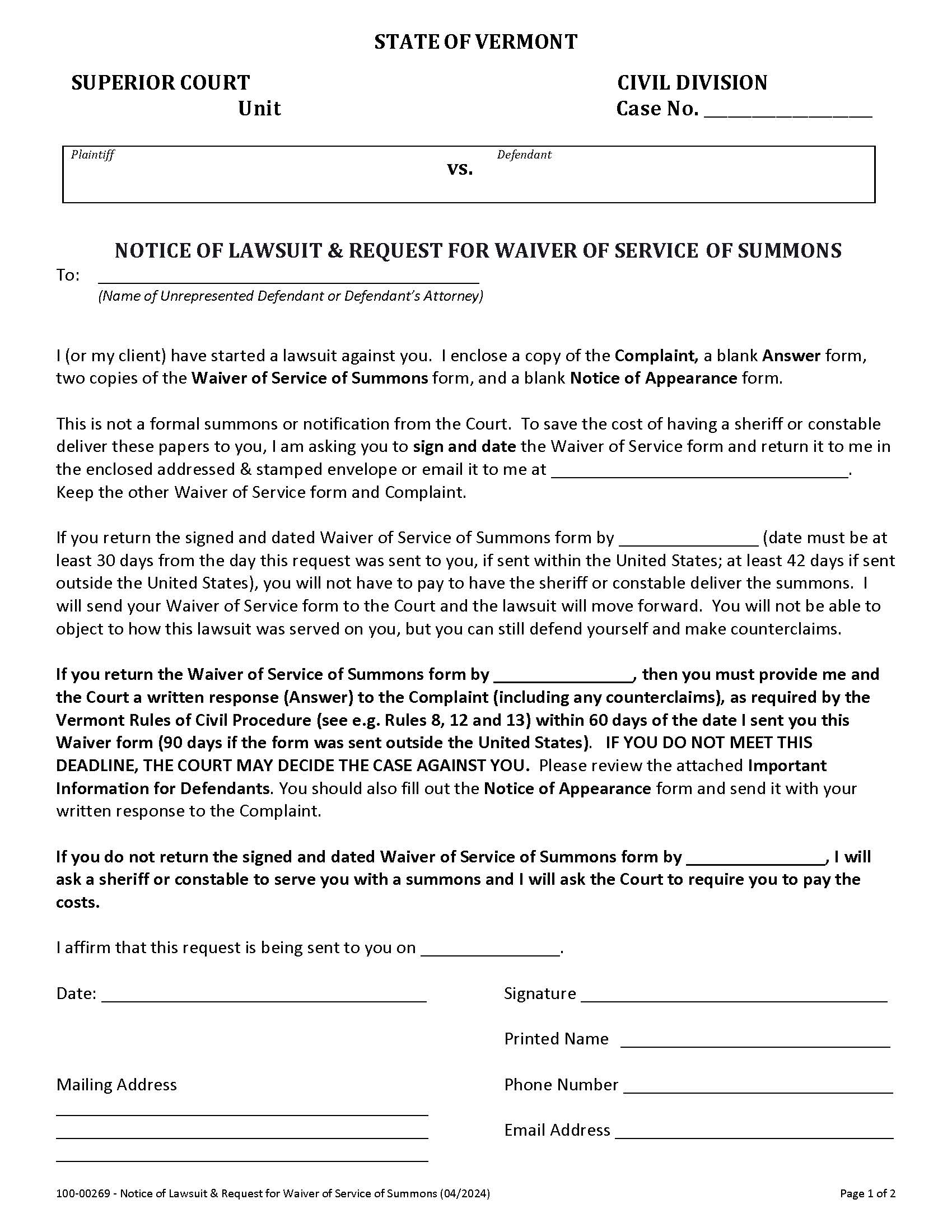 Notice Of Lawsuit And Request For Waiver Of Service Of Summons {100-00269} | Pdf Fpdf Docx | Vermont