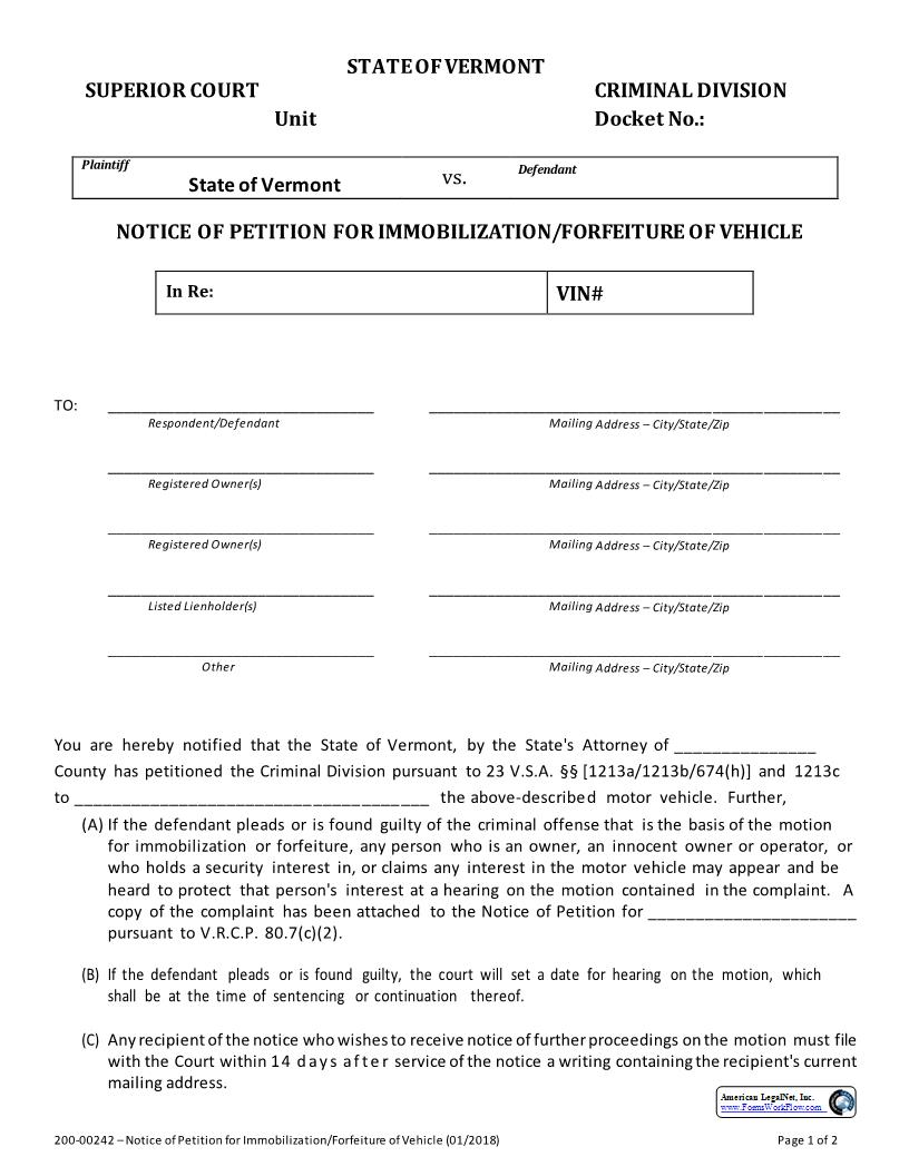 Notice Of Petition For Immobilization-Forfeiture Of Vehicle {200-00242} | Pdf Fpdf Docx | Vermont
