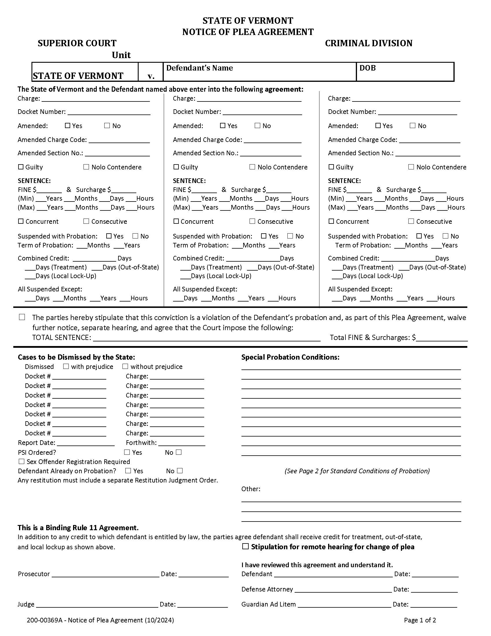 Notice Of Plea Agreement {200-00369A} | Pdf Fpdf Docx | Vermont