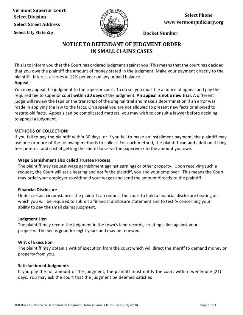 Notice To Defendant Of Judgment Order In Small Claims {100-00277} | Pdf Fpdf Docx | Vermont