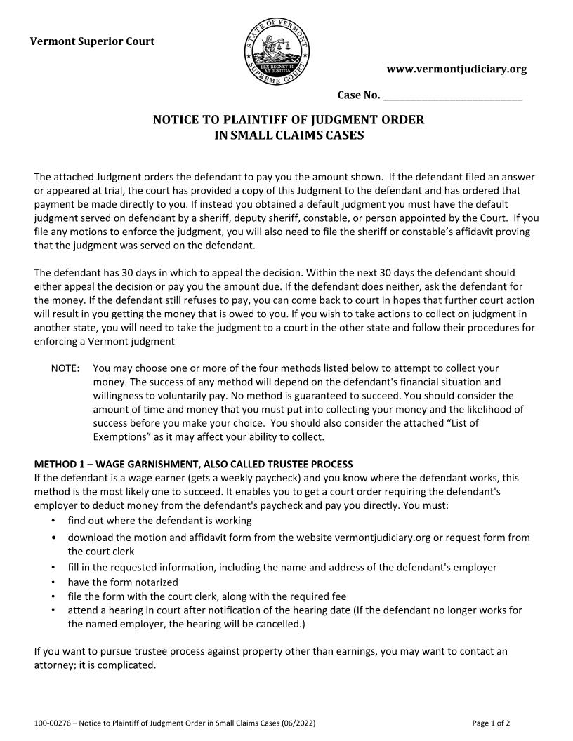 Notice To Plaintiff Of Judgment Order In Small Claims Cases {100-00276} | Pdf Fpdf Docx | Vermont