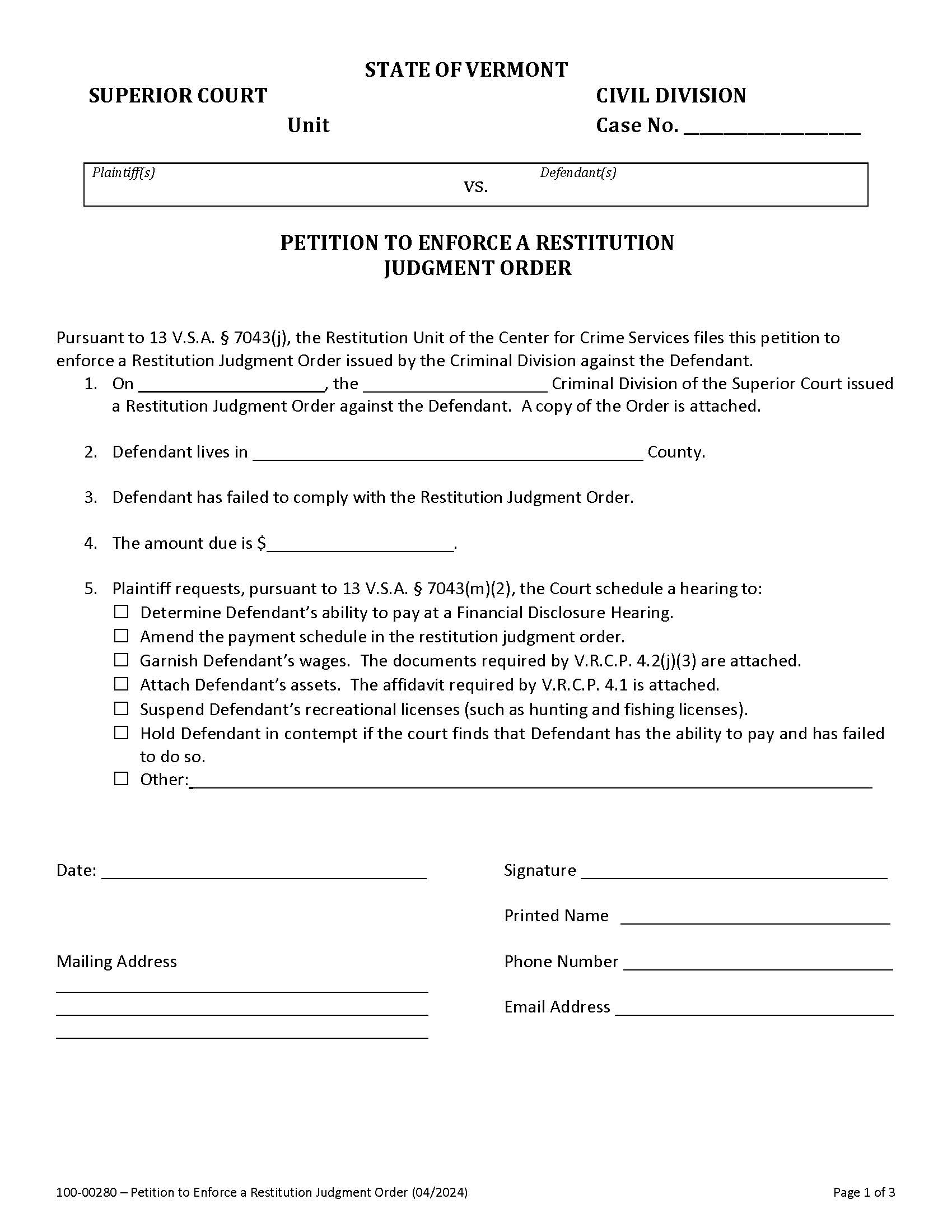 Petition To Enforce A Restitution Judgment Order {100-00280} | Pdf Fpdf Doc Docx | Vermont