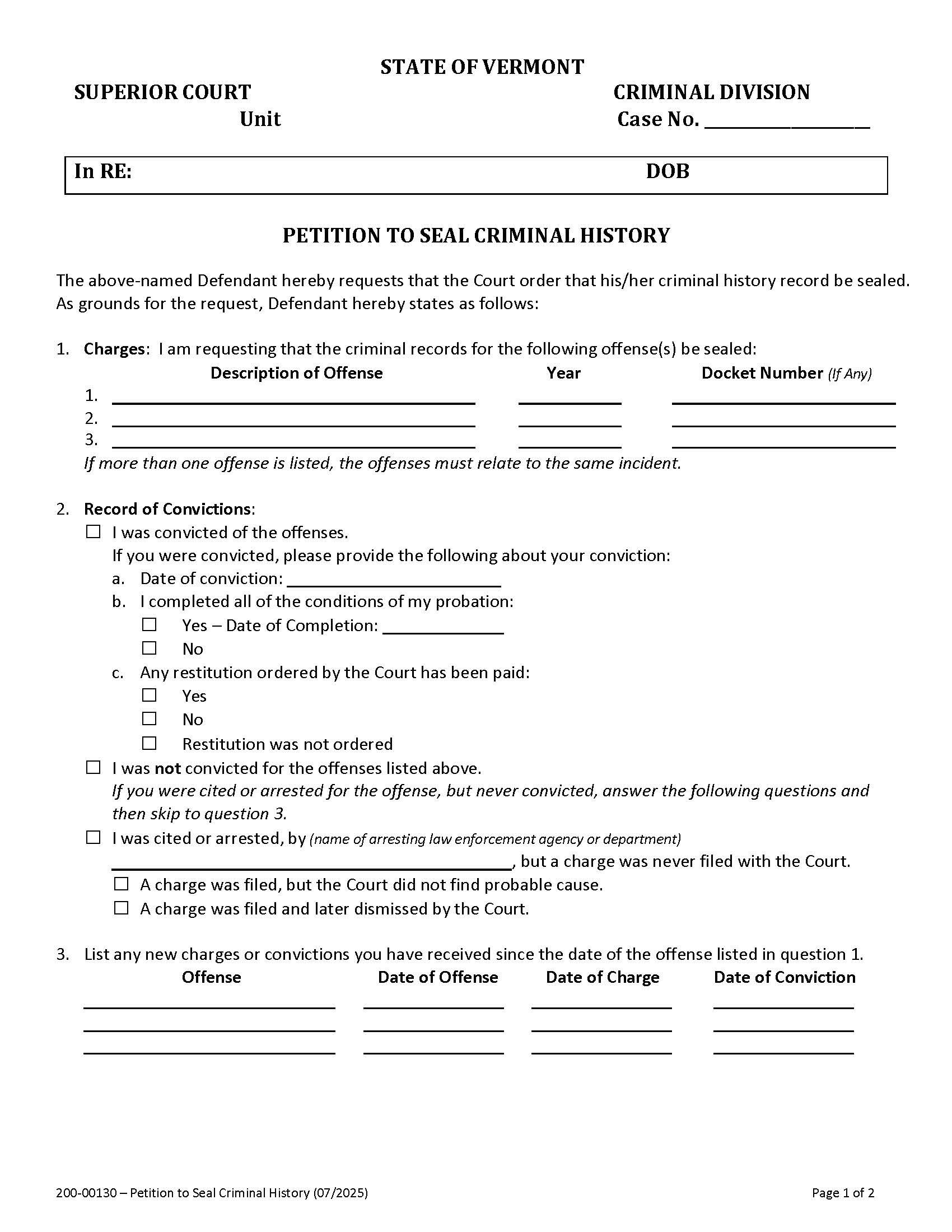 Petition To Expunge Or Seal Criminal History {200-00130} | Pdf Fpdf Docx | Vermont