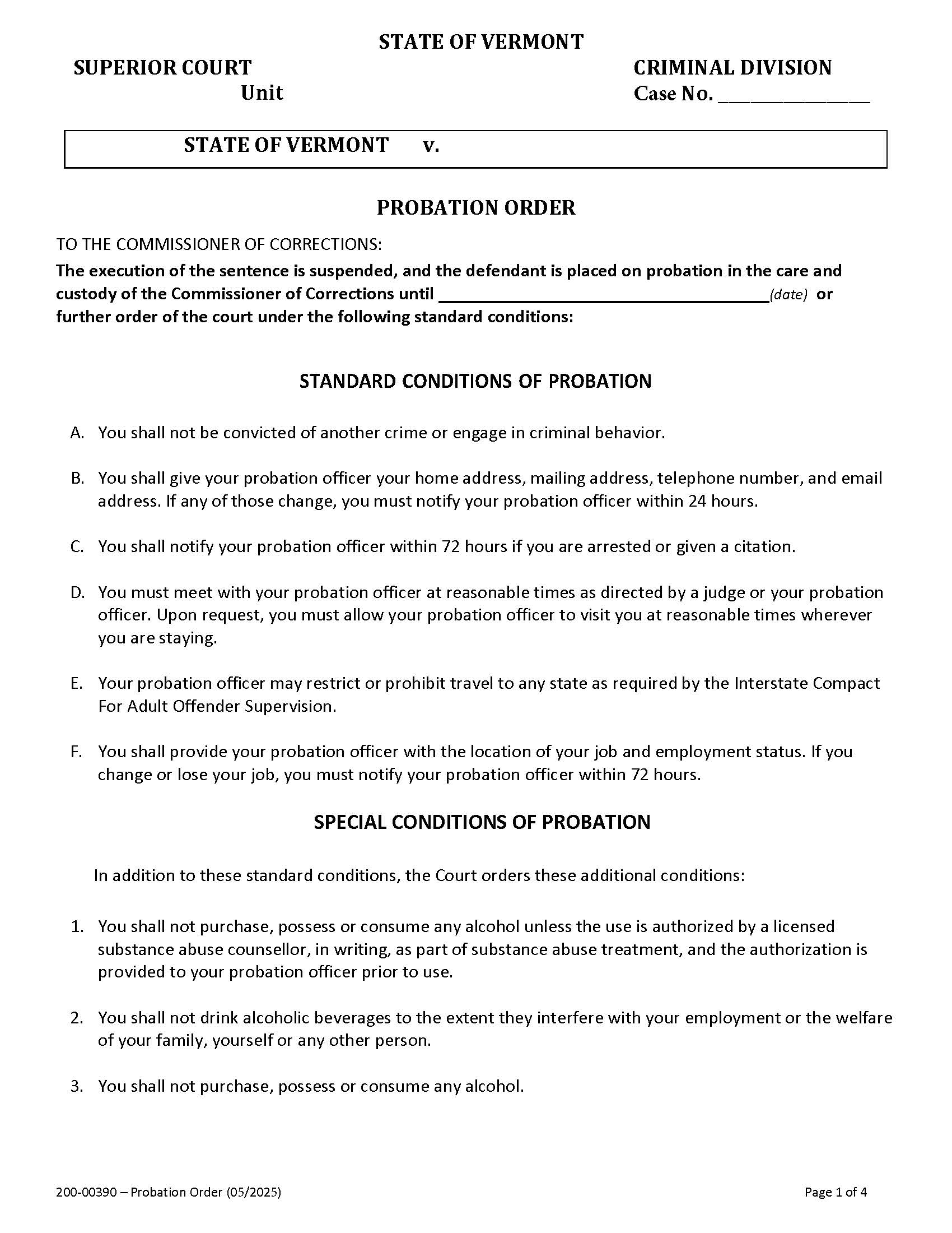 Probation Order {200-00390} | Pdf Fpdf Docx | Vermont
