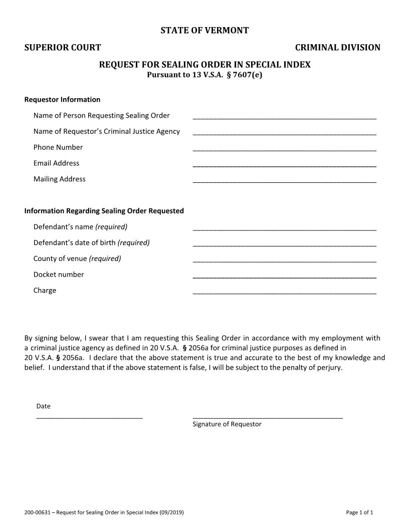 Request For Sealing Order in Special Index {200-00631} | Pdf Fpdf Docx | Vermont