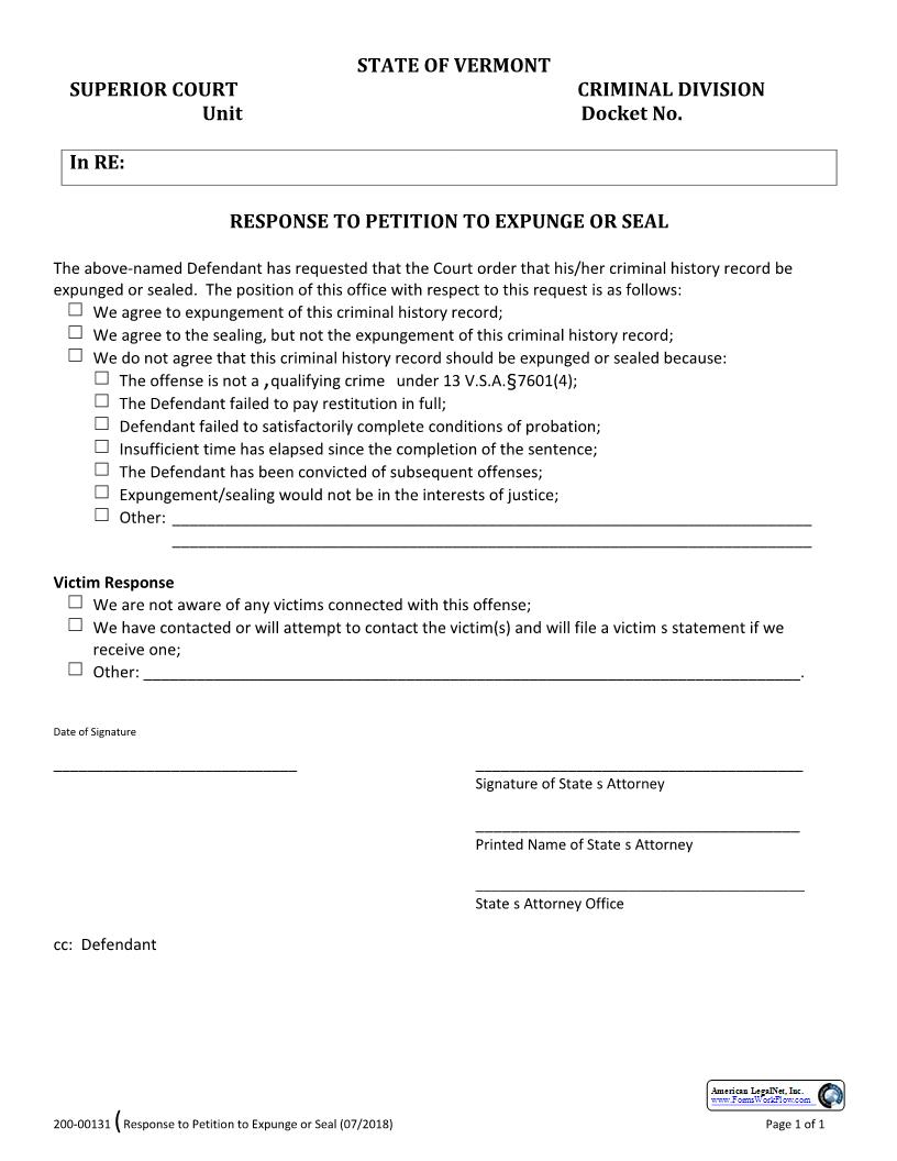 Response To Petition To Expunge Or Seal {200-00131} | Pdf Fpdf Docx | Vermont