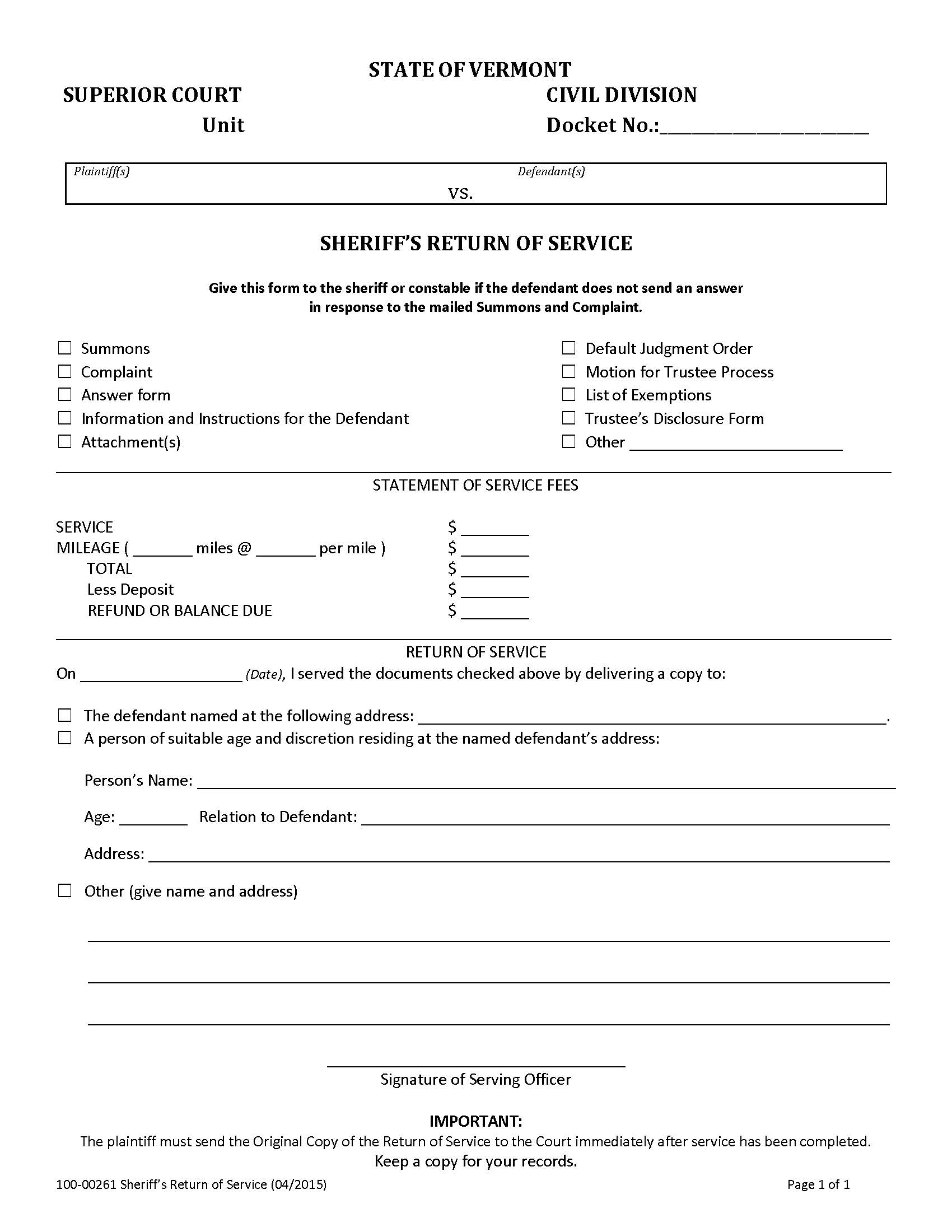 Sheriffs Return Of Service {100-00261} | Pdf Fpdf Docx | Vermont