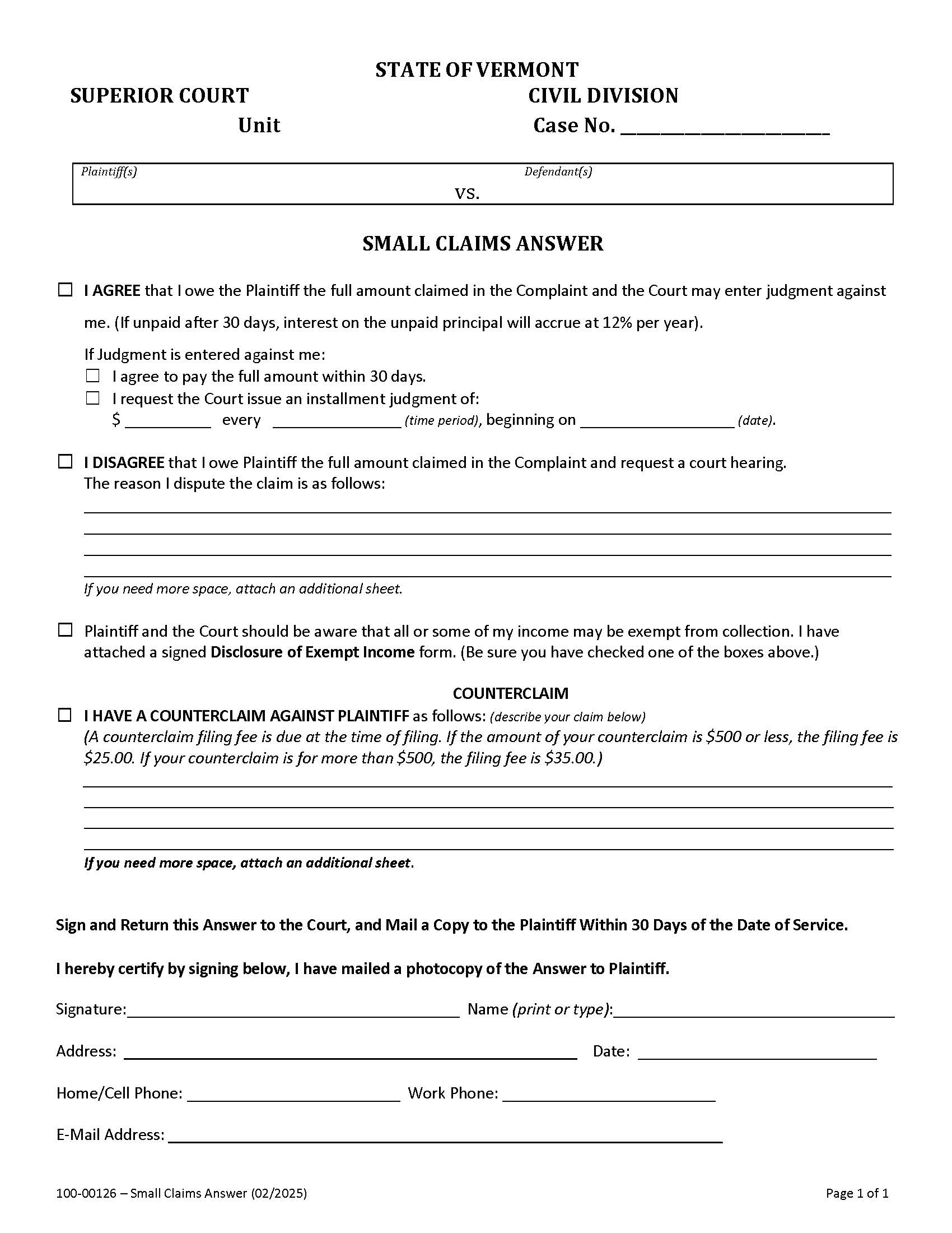 Small Claims Answer {100-00126} | Pdf Fpdf Docx | Vermont