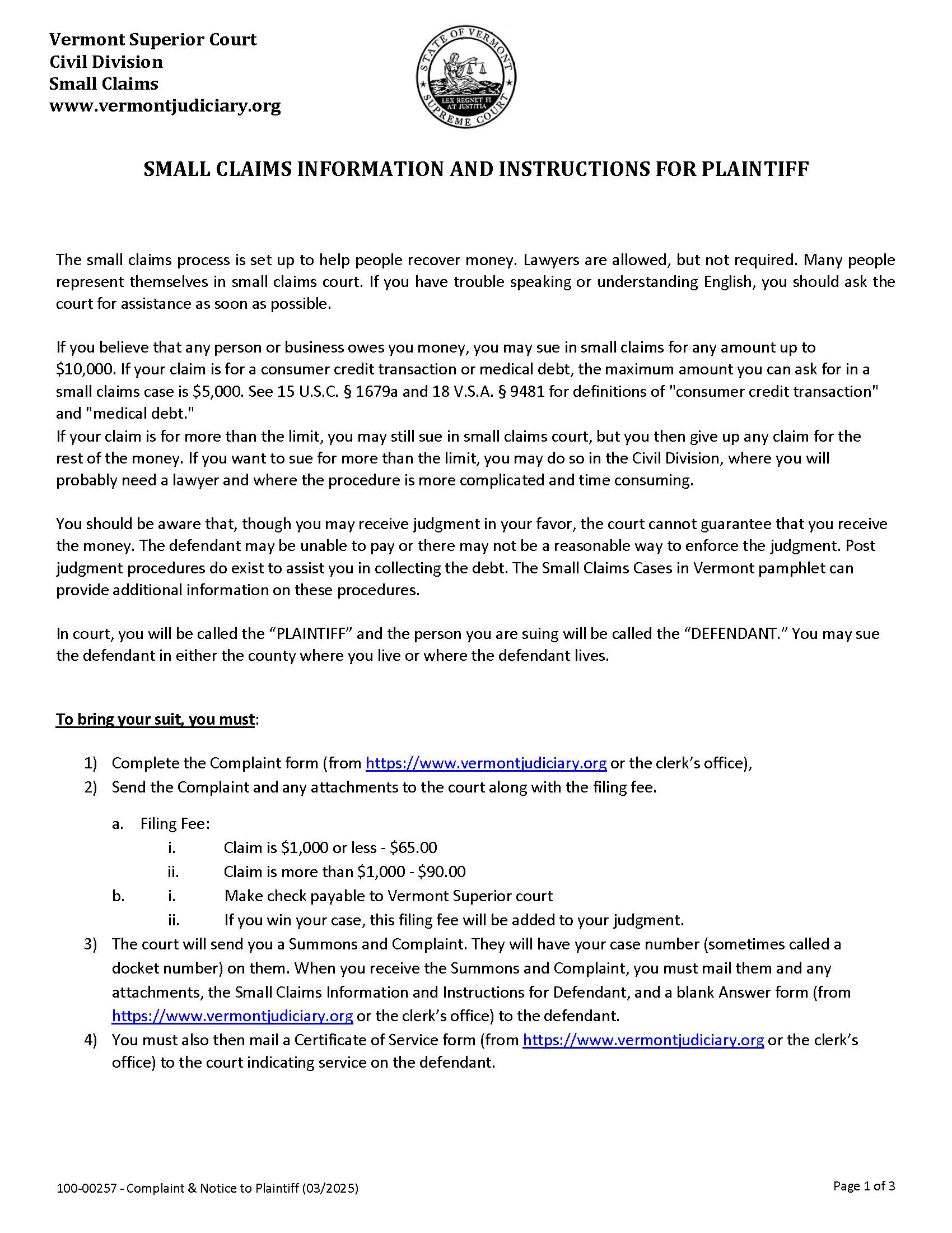 Small Claims Complaint {100-00257} | Pdf Fpdf Docx | Vermont
