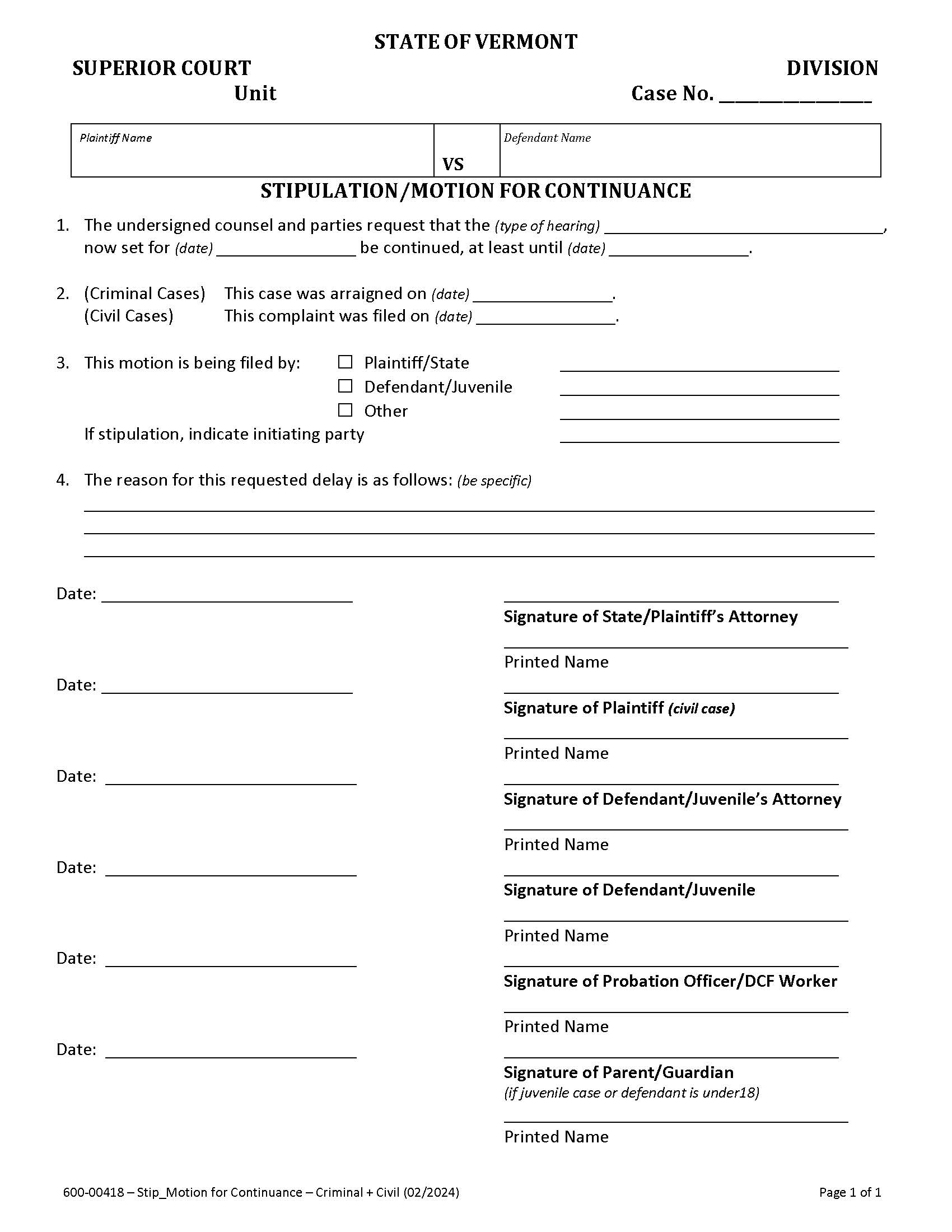 Stipulation - Motion For Continuance {418} | Pdf Fpdf Doc Docx | Vermont