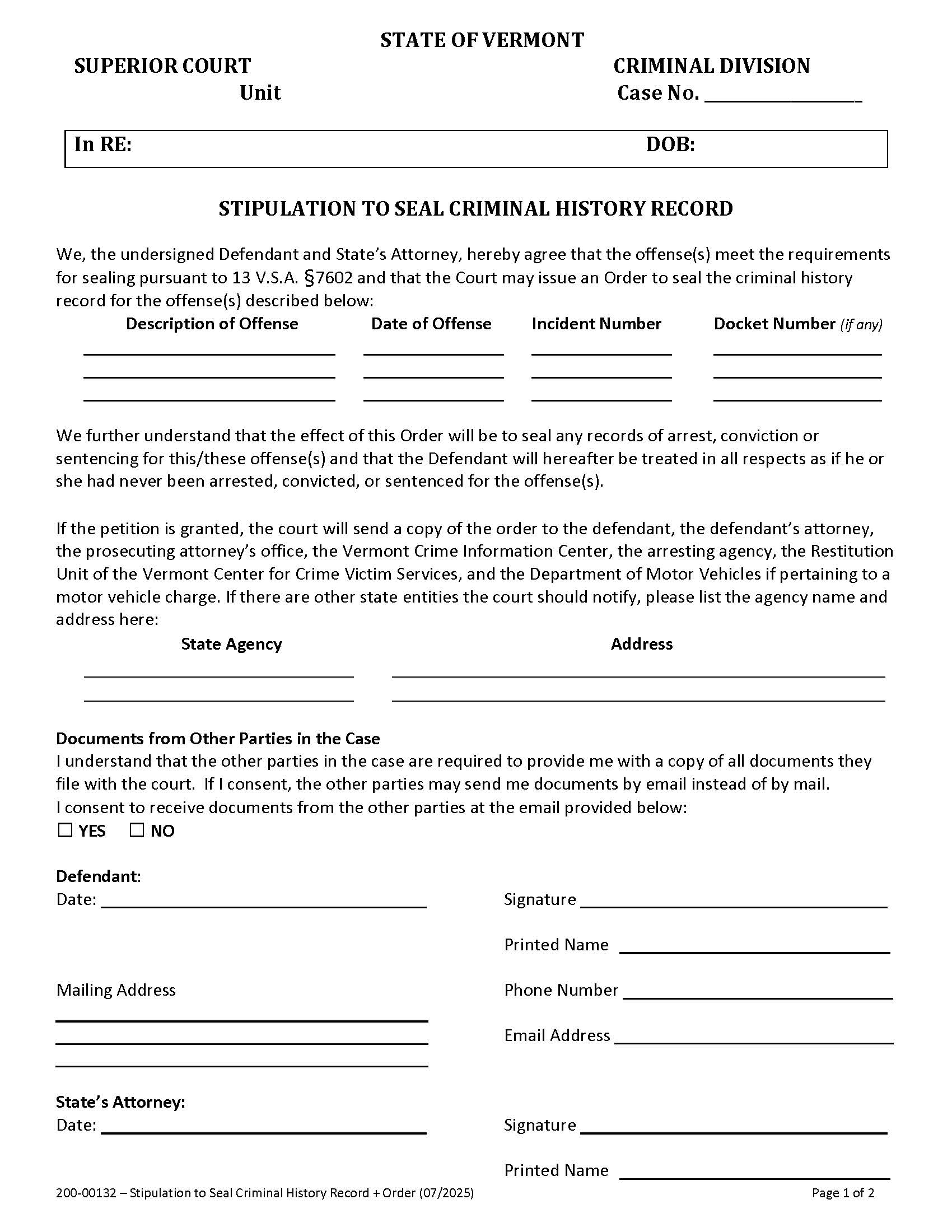 Stipulation To Expunge Or Seal Criminal Record {200-00132} | Pdf Fpdf Docx | Vermont
