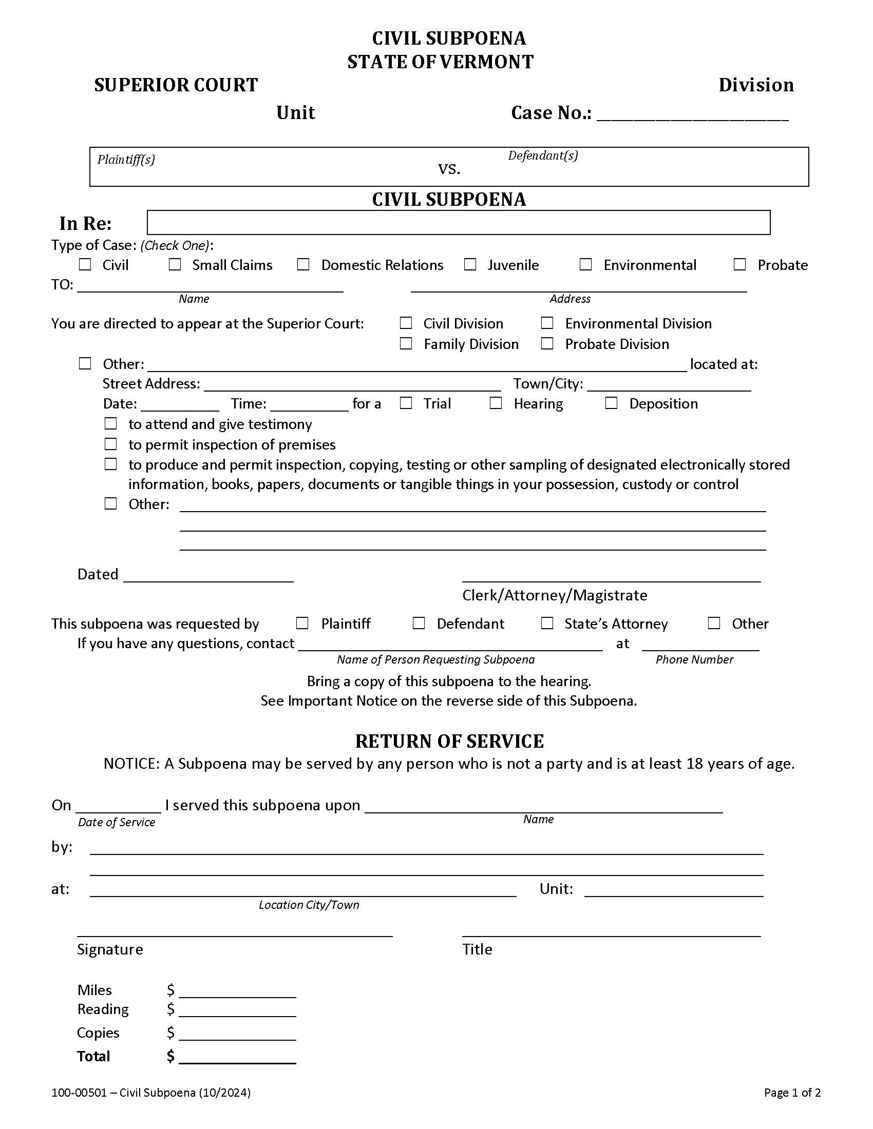 Subpoena Civil {100-00501} | Pdf Fpdf Docx | Vermont