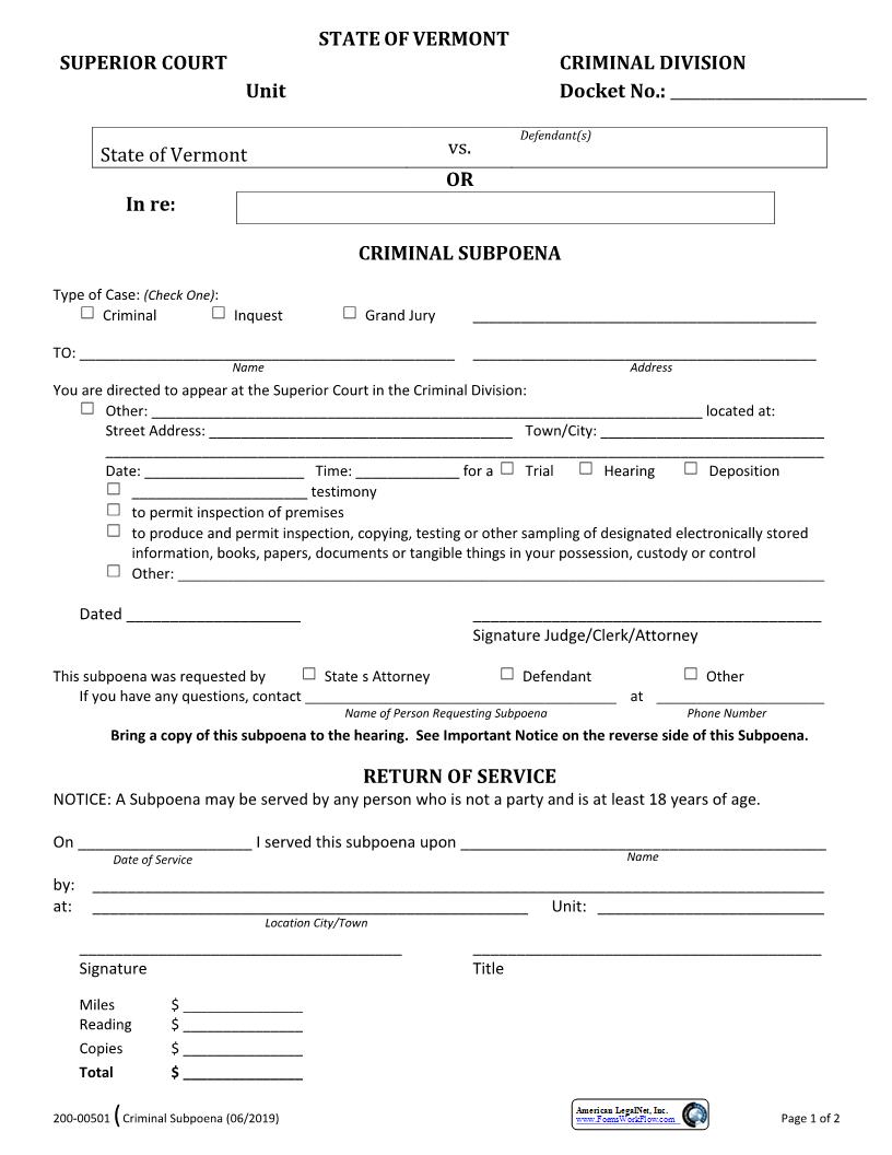 Subpoena Criminal {200-00501} | Pdf Fpdf Docx | Vermont