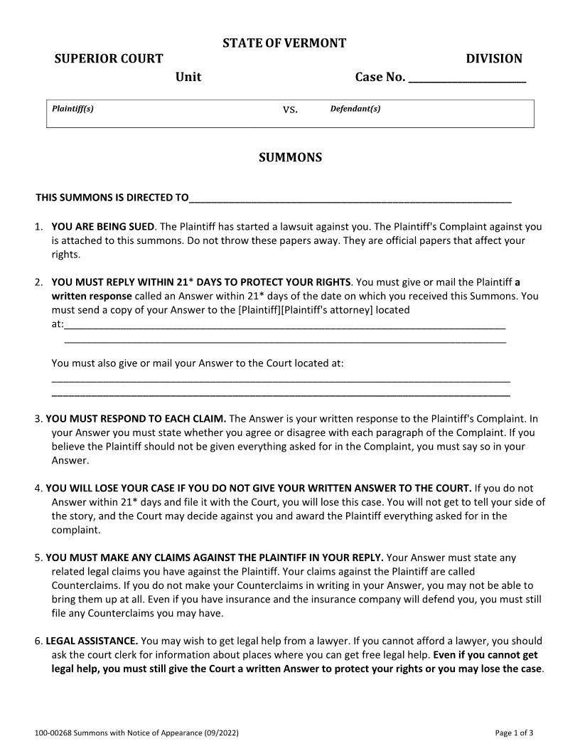 Summons {100-00268} | Pdf Fpdf Docx | Vermont