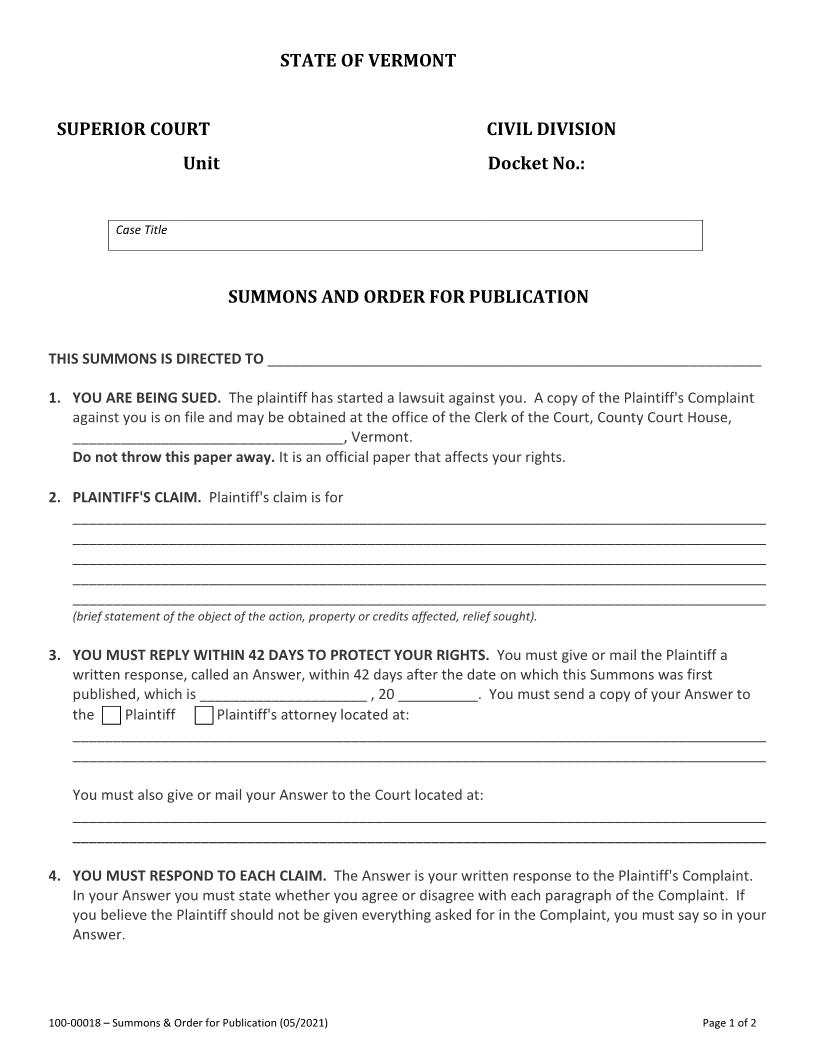 Summons And Order For Publication {100-00018} | Pdf Fpdf Docx | Vermont