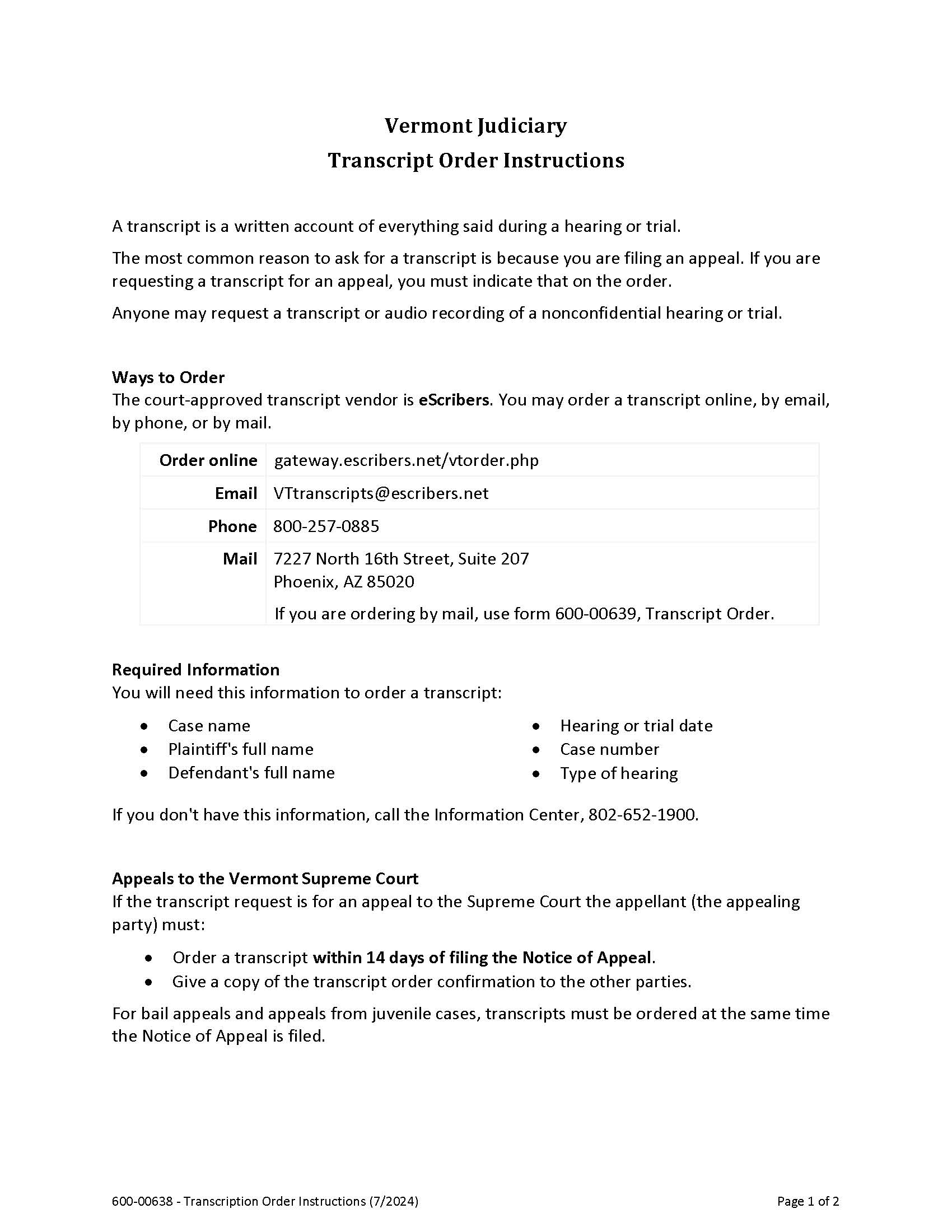 Transcript Order {600-00638} | Pdf Fpdf Docx | Vermont