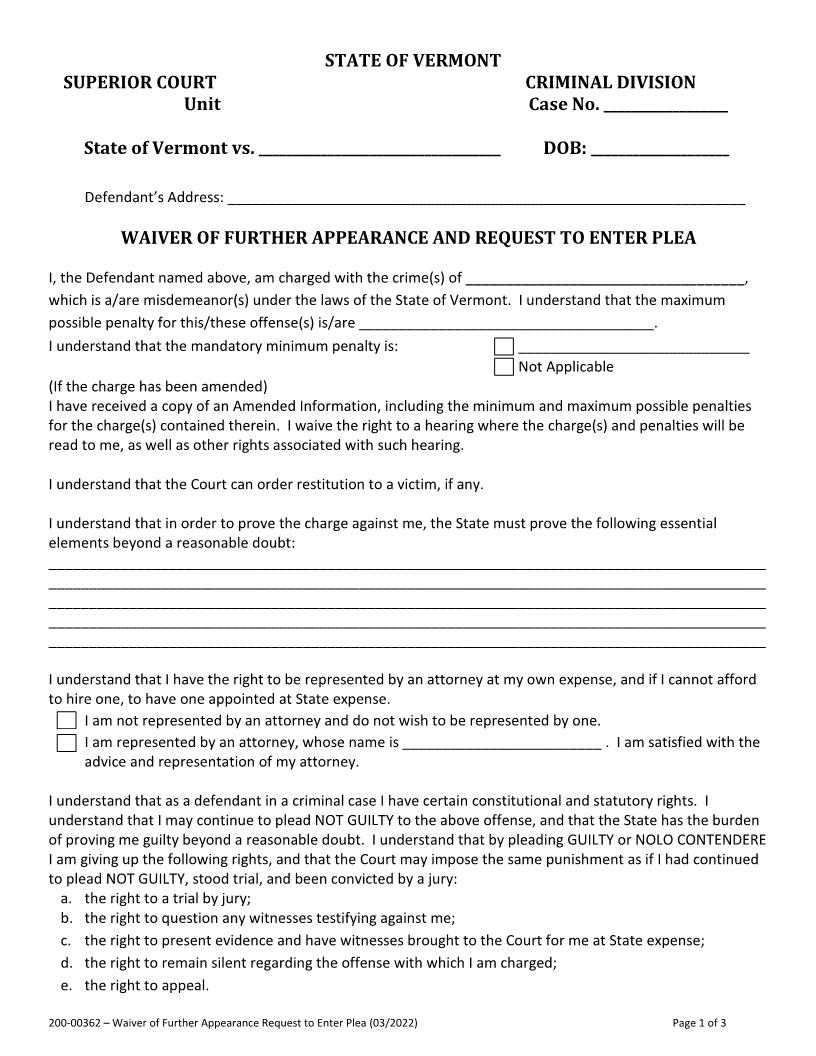 Waiver Of Further Appearance And Request To Enter Plea {200-00362} | Pdf Fpdf Docx | Vermont