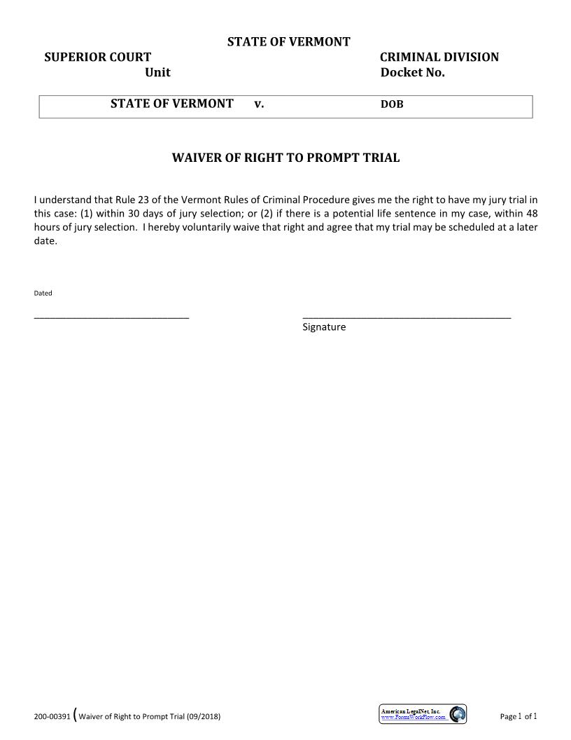 Waiver Of Right To Prompt Trial {200-00391} | Pdf Fpdf Docx | Vermont