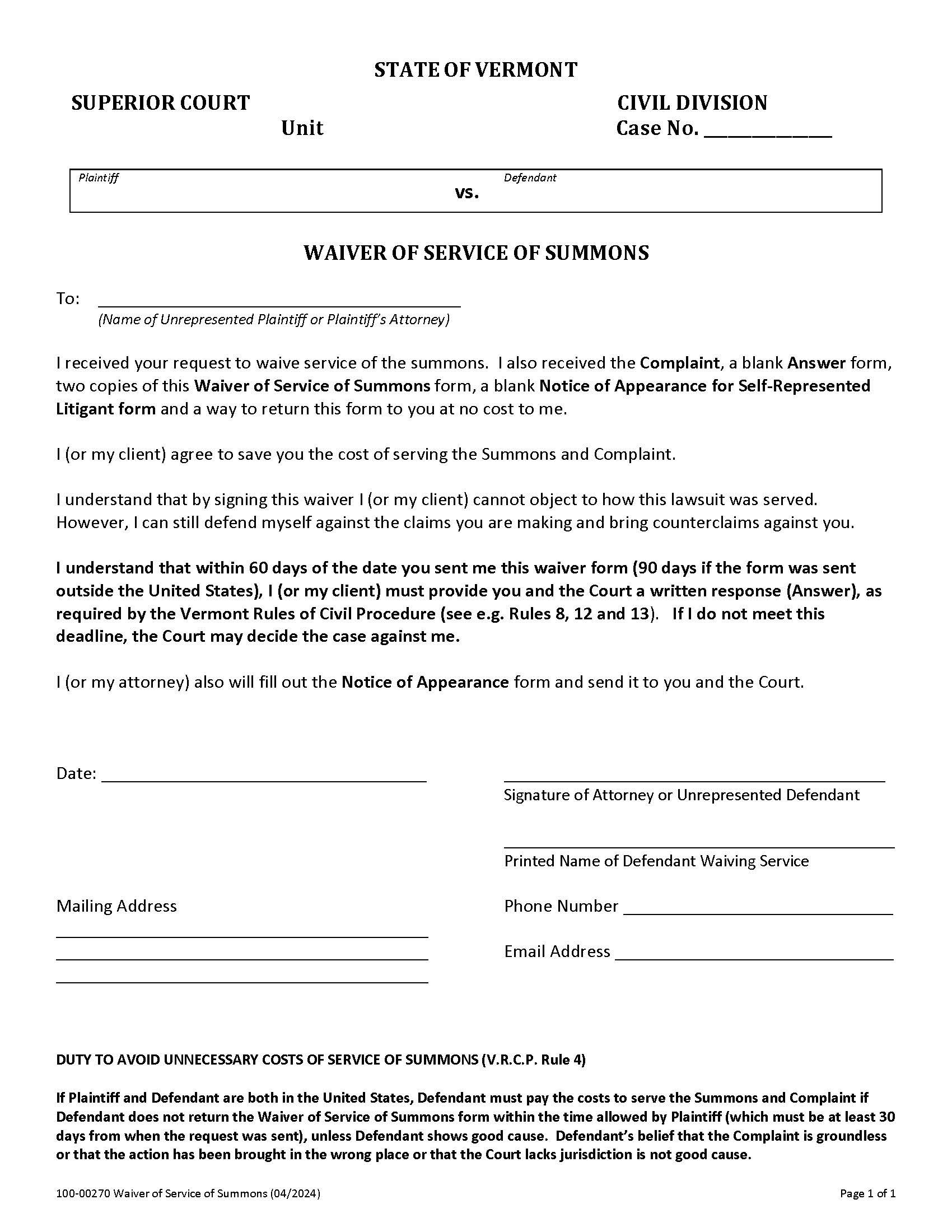 Waiver Of Service Of Summons {100-00270} | Pdf Fpdf Docx | Vermont