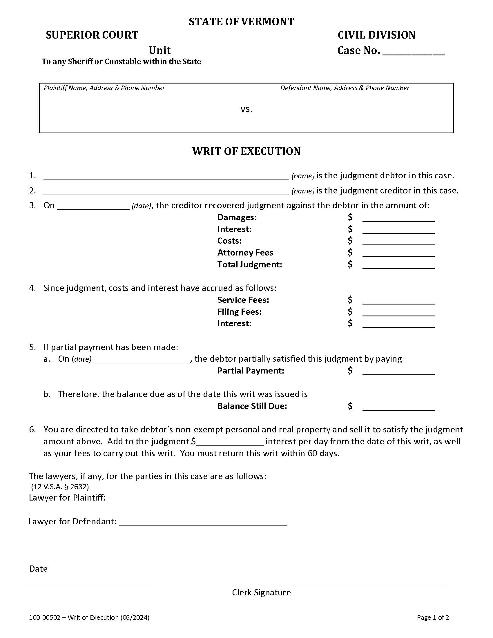 Writ Of Execution {100-00502} | Pdf Fpdf Doc Docx | Vermont