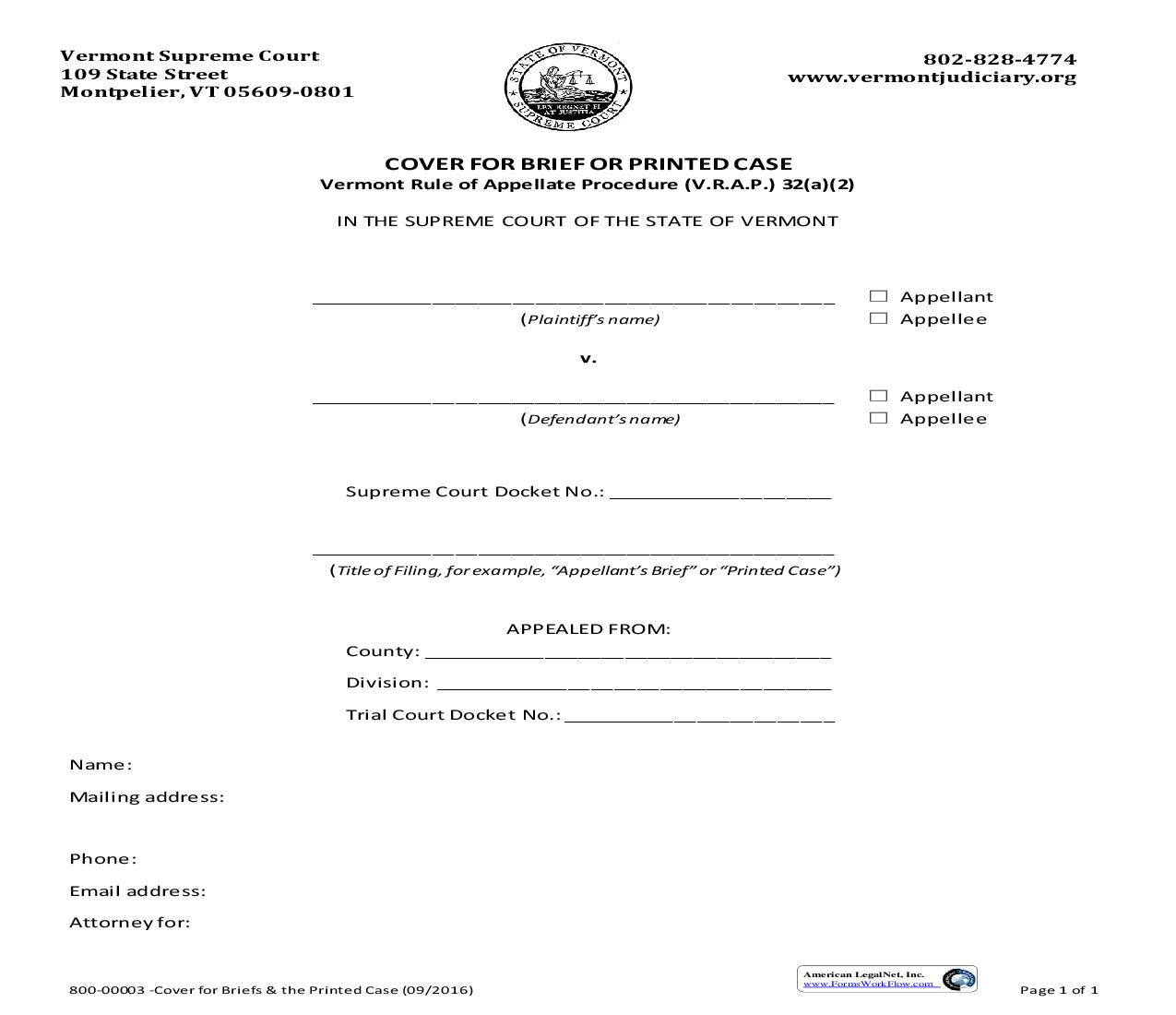 Cover Sheet For Brief Or Printed Case {800-00003} | Pdf Fpdf Docx | Vermont