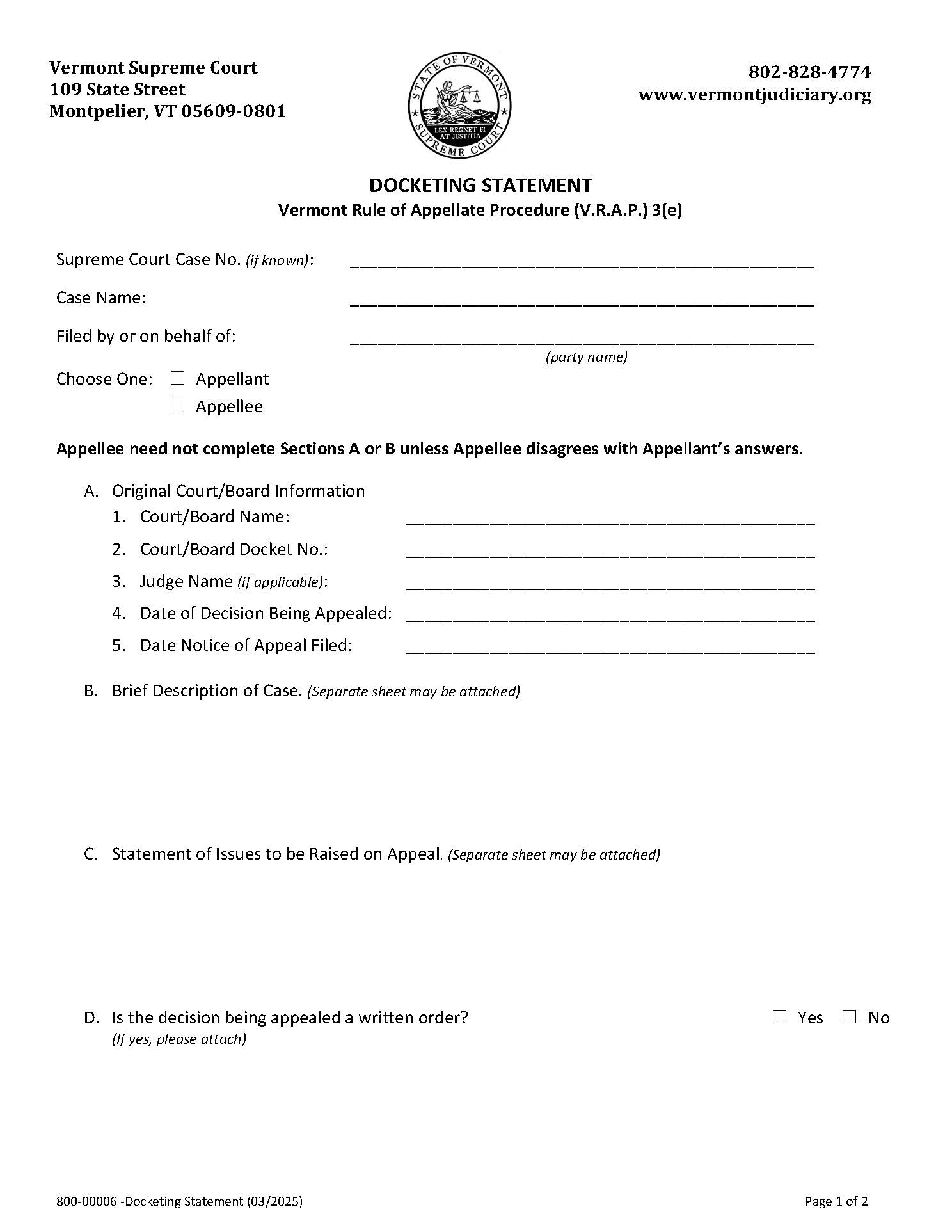 Docketing Statement {800-00006} | Pdf Fpdf Docx | Vermont