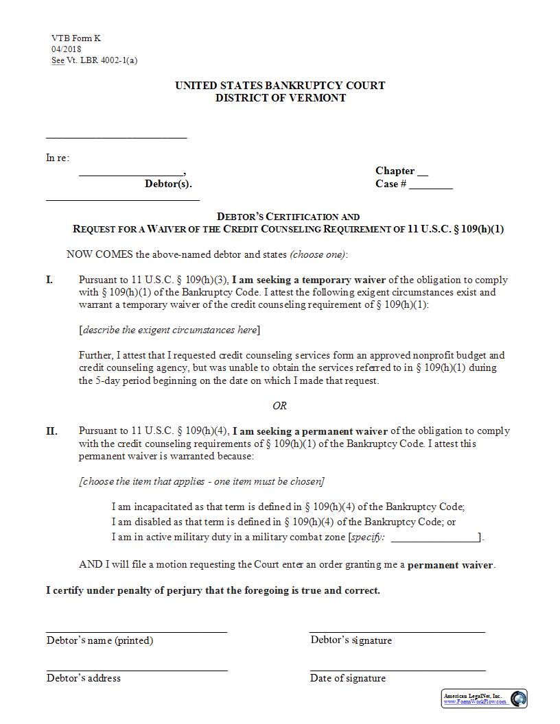 Certification Requesting Waiver {K} | Pdf Fpdf Docx | Vermont