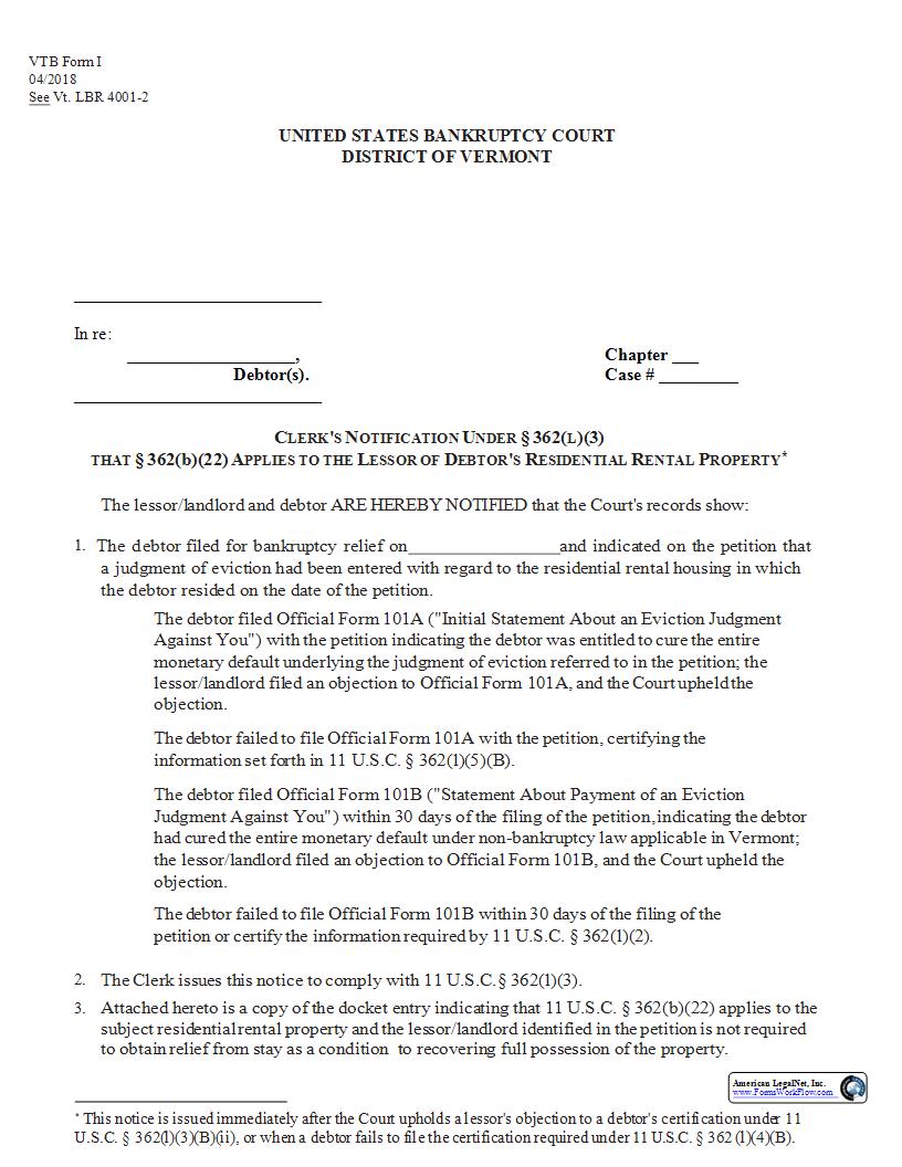 Clerks Notification Under Section 362(b)(22) {I} | Pdf Fpdf Docx | Vermont