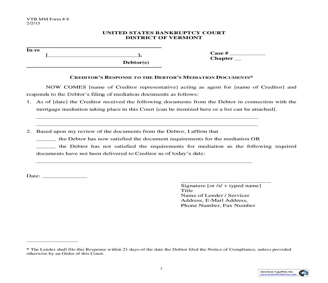 Creditors Response To The Debtors Mediation Documents {8} |  | Vermont