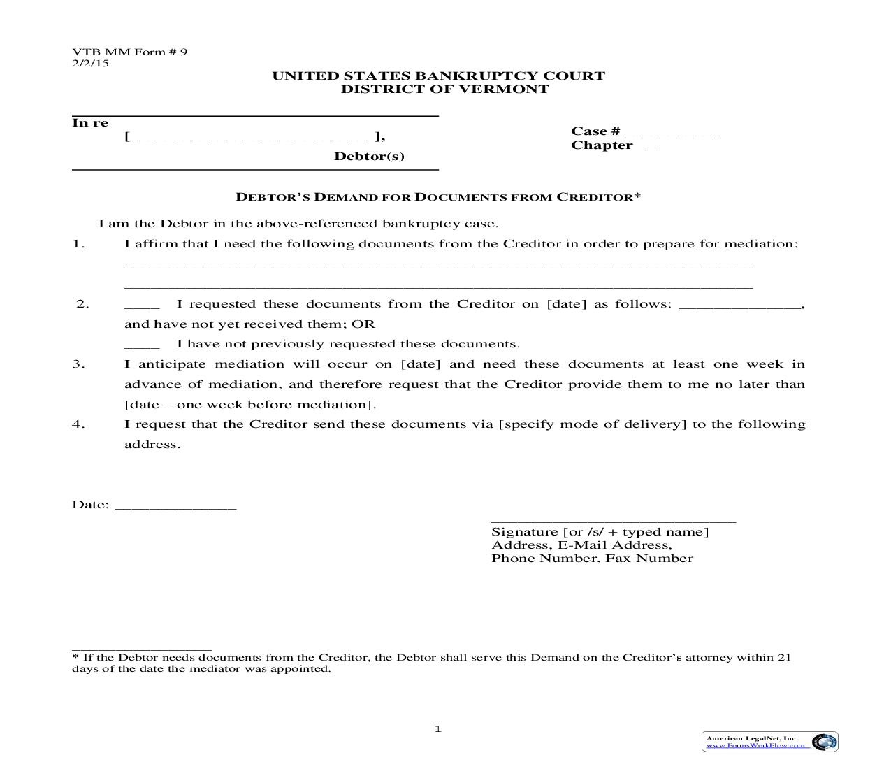 Debtors Demand For Documents From Creditor {9} |  | Vermont