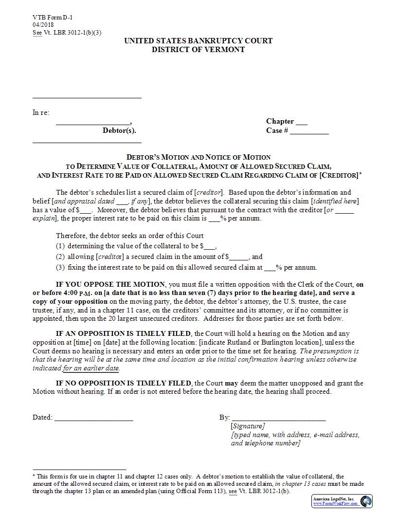 Debtors Motion And Notice Of Motion {D-1} | Pdf Fpdf Docx | Vermont