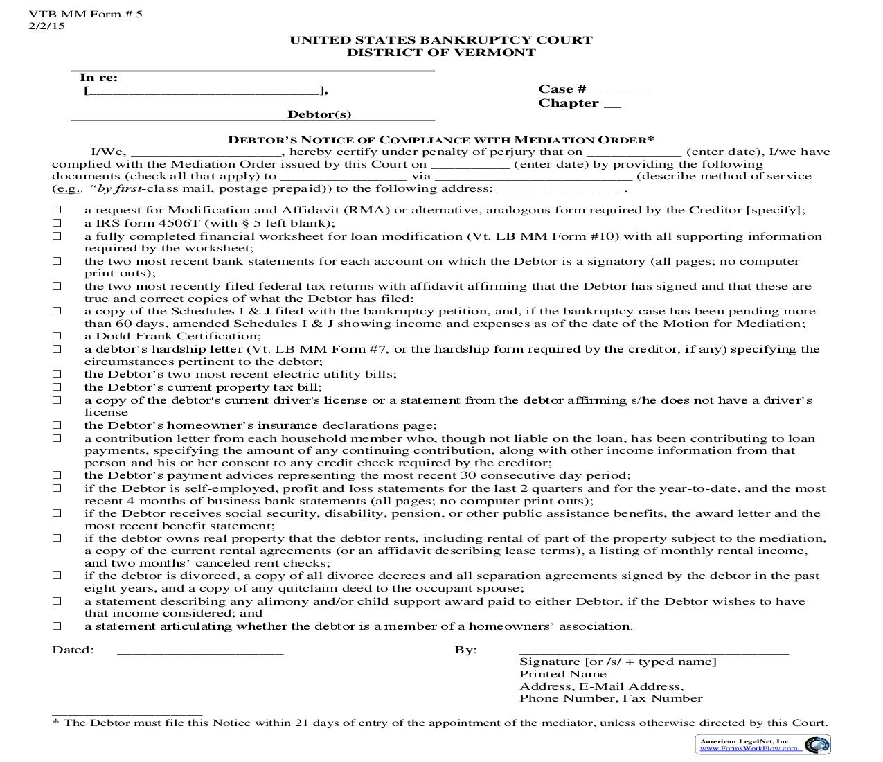 Debtors Notice Of Compliance With Mediation Order {5} |  | Vermont