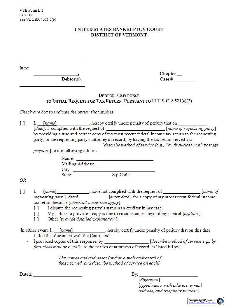 Debtors Response To Tax Return {L-2} | Pdf Fpdf Docx | Vermont