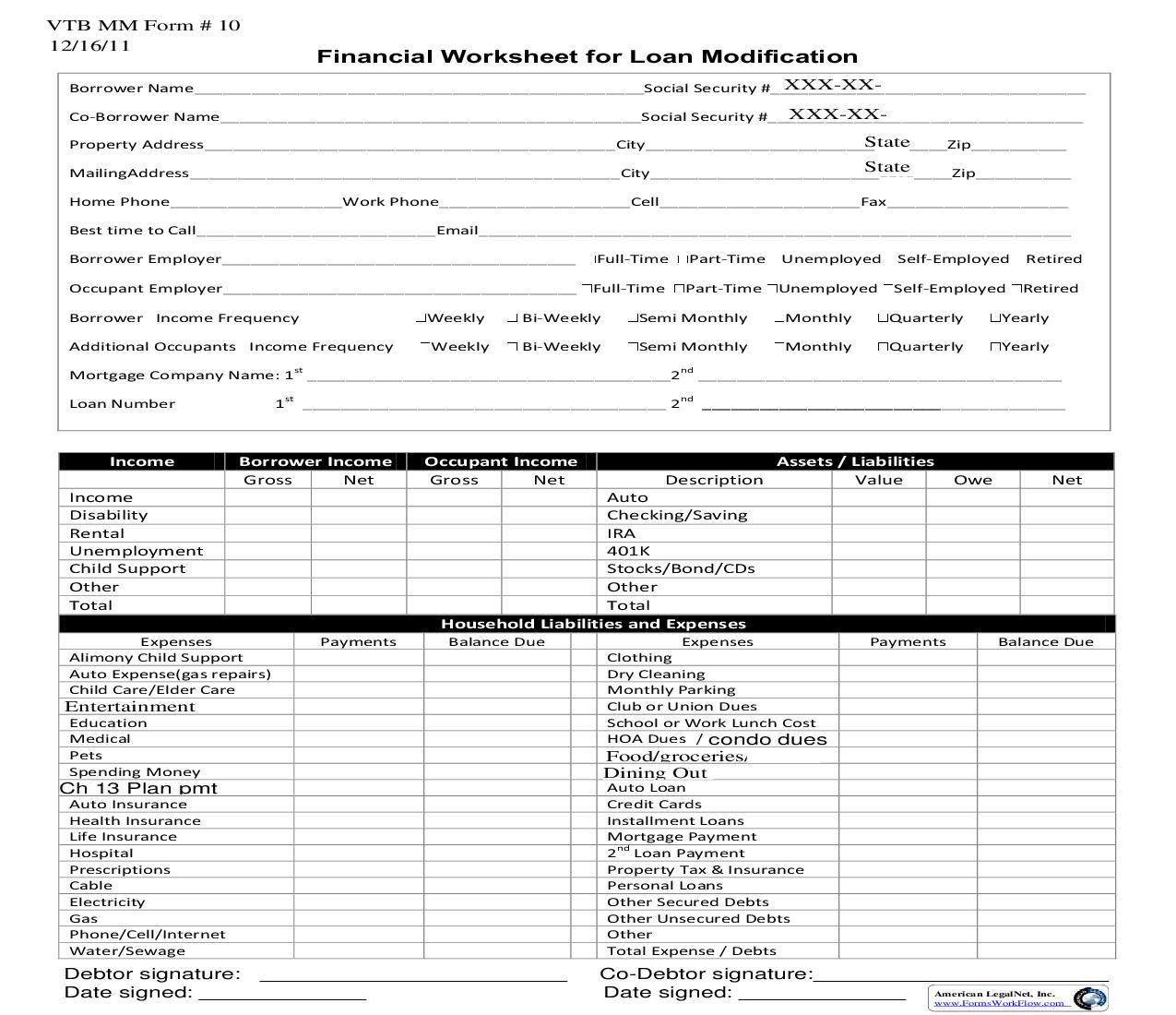Financial Worksheet For Loan Modification {10} |  | Vermont