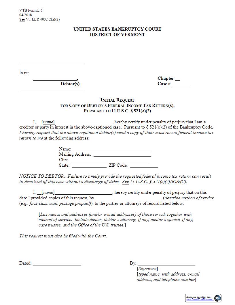 Initial Request For Copy Of Debtors Federal Income Tax Return(s) {L-1} | Pdf Fpdf Docx | Vermont