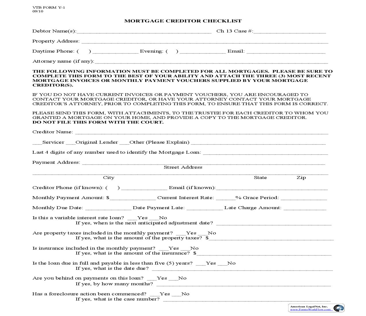 Mortgage Creditor Checklist {Y-1} |  | Vermont