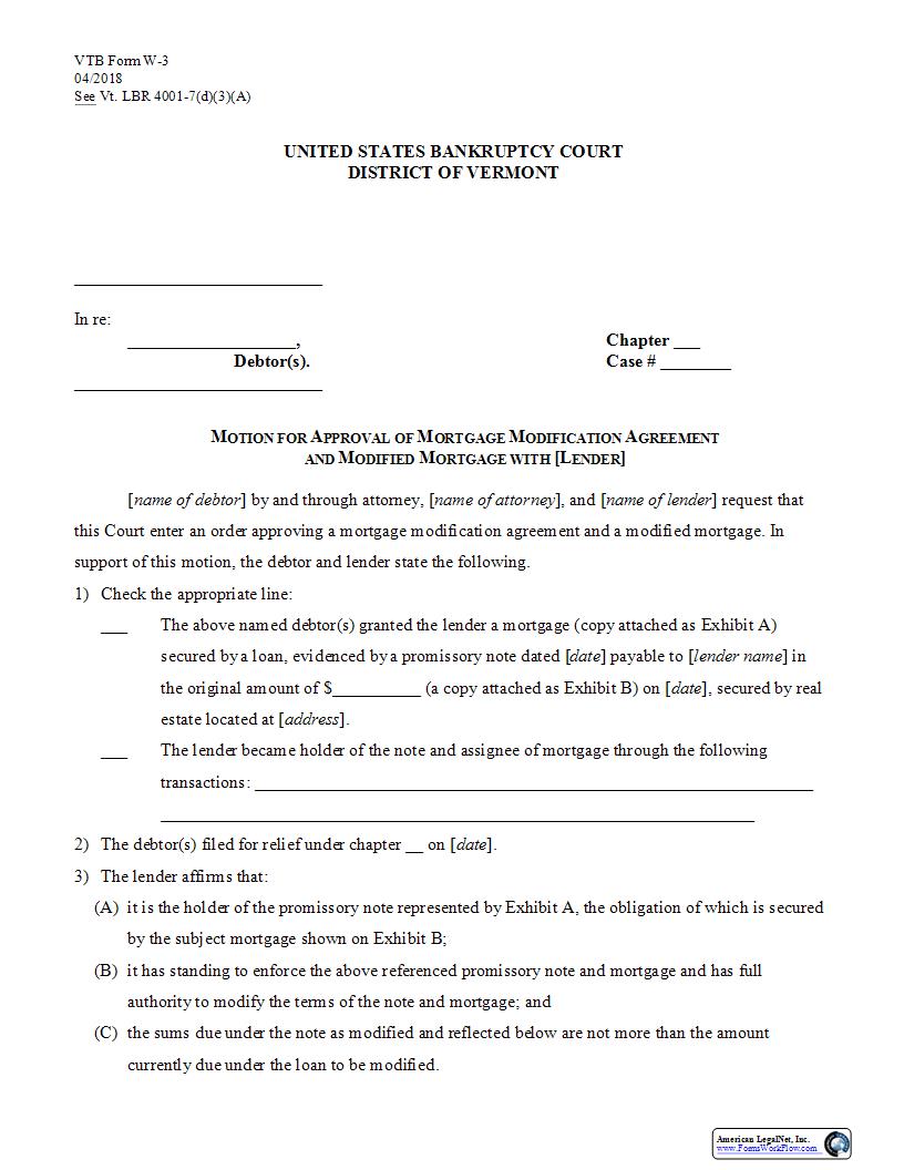 Motion For Approval Of Mortgage Modification {W-3} | Pdf Fpdf Docx | Vermont