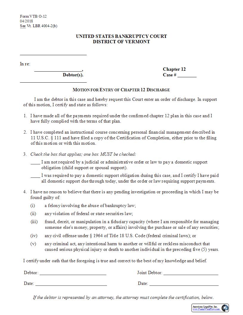 Motion For Entry Of Discharge (Chapter 12) {VTB O-12} | Pdf Fpdf Docx | Vermont