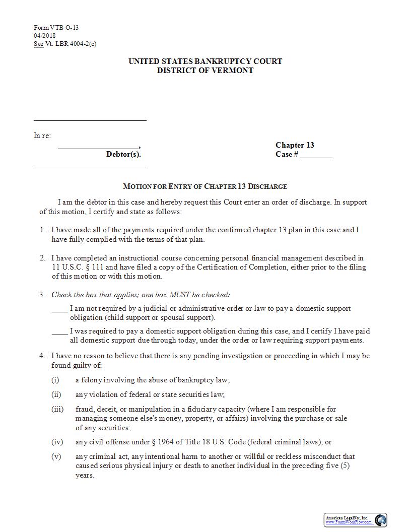 Motion For Entry Of Discharge (Chapter 13) {VTB O-13} | Pdf Fpdf Docx | Vermont