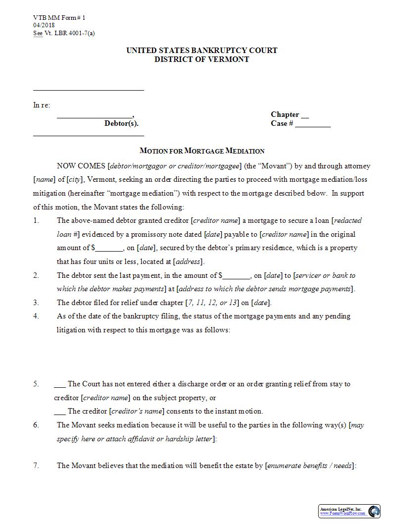 Motion For Mortgage Mediation {1} | Pdf Fpdf Docx | Vermont
