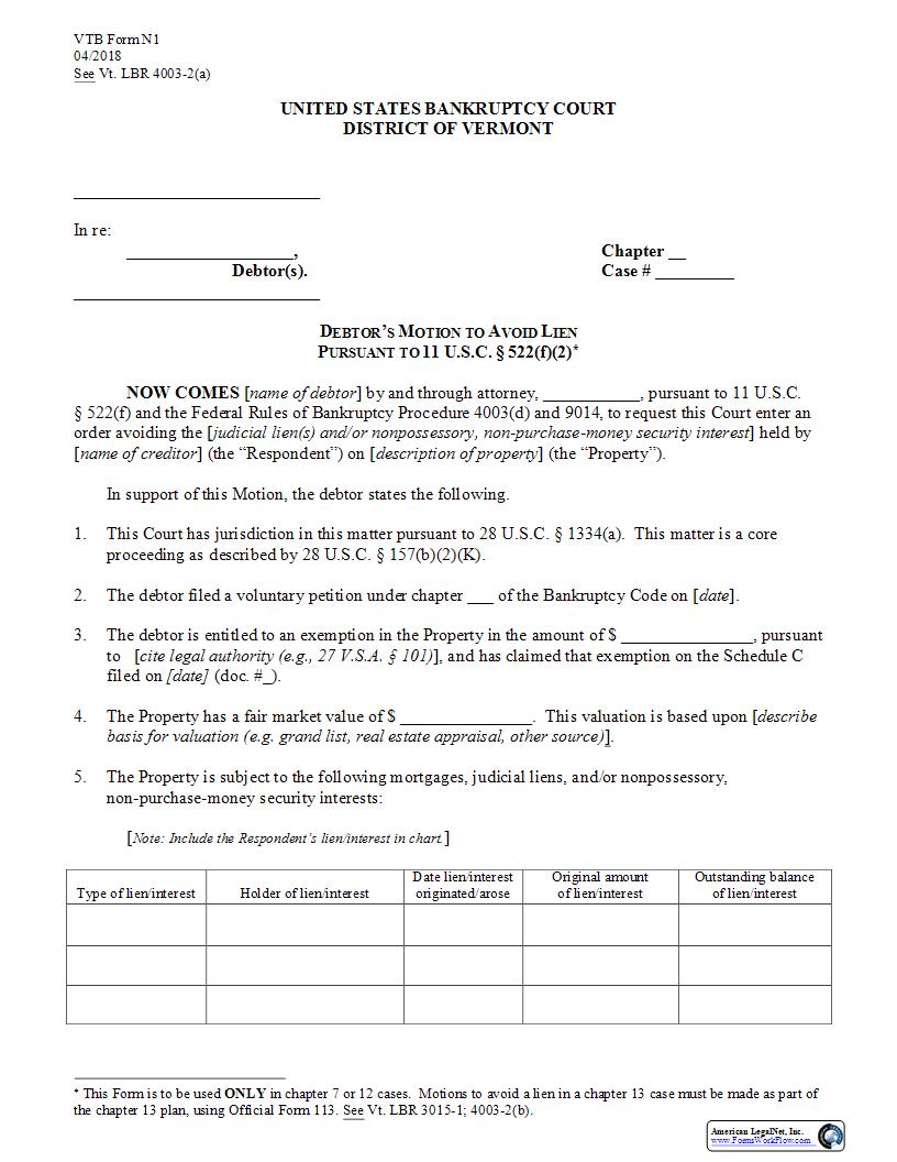 Motion To Avoid Lien {N-1} | Pdf Fpdf Docx | Vermont