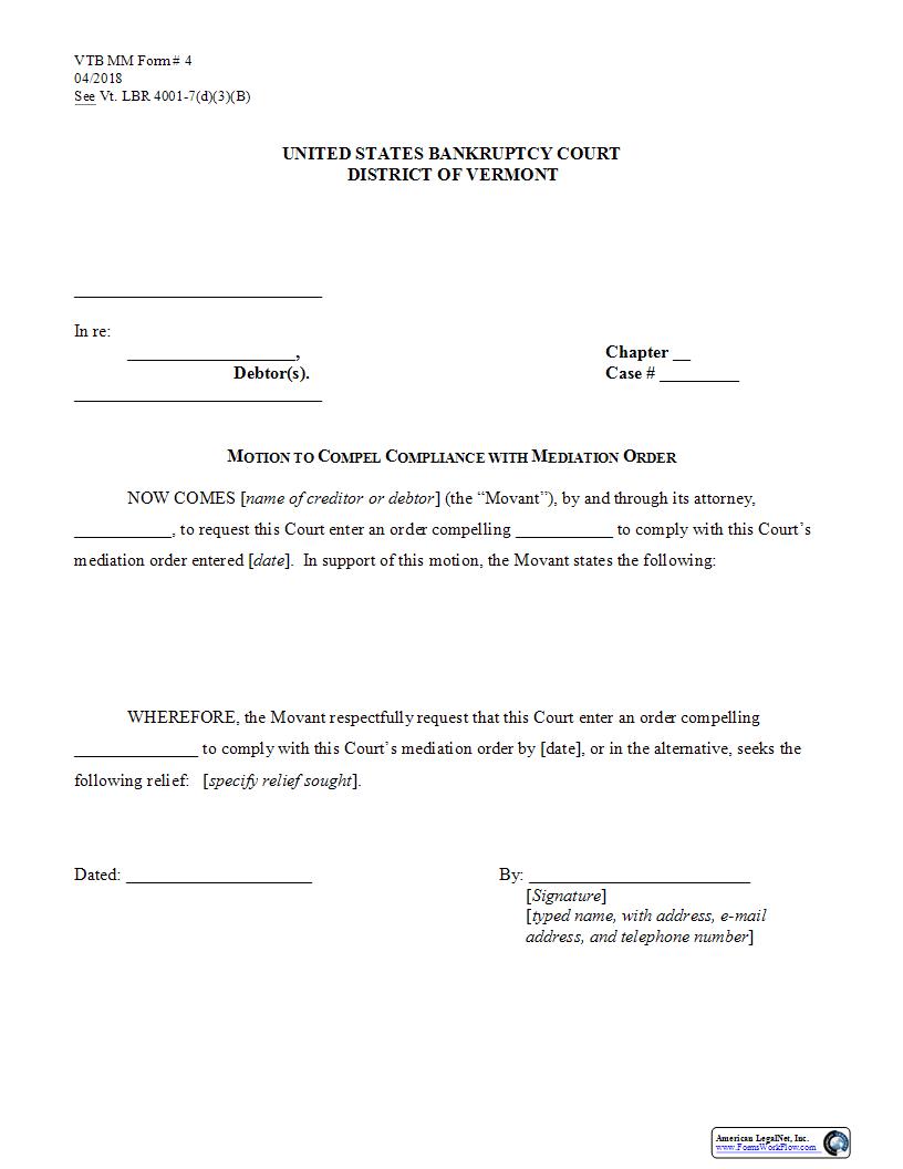 Motion To Compel Compliance With Mediation Order {4} | Pdf Fpdf Docx | Vermont