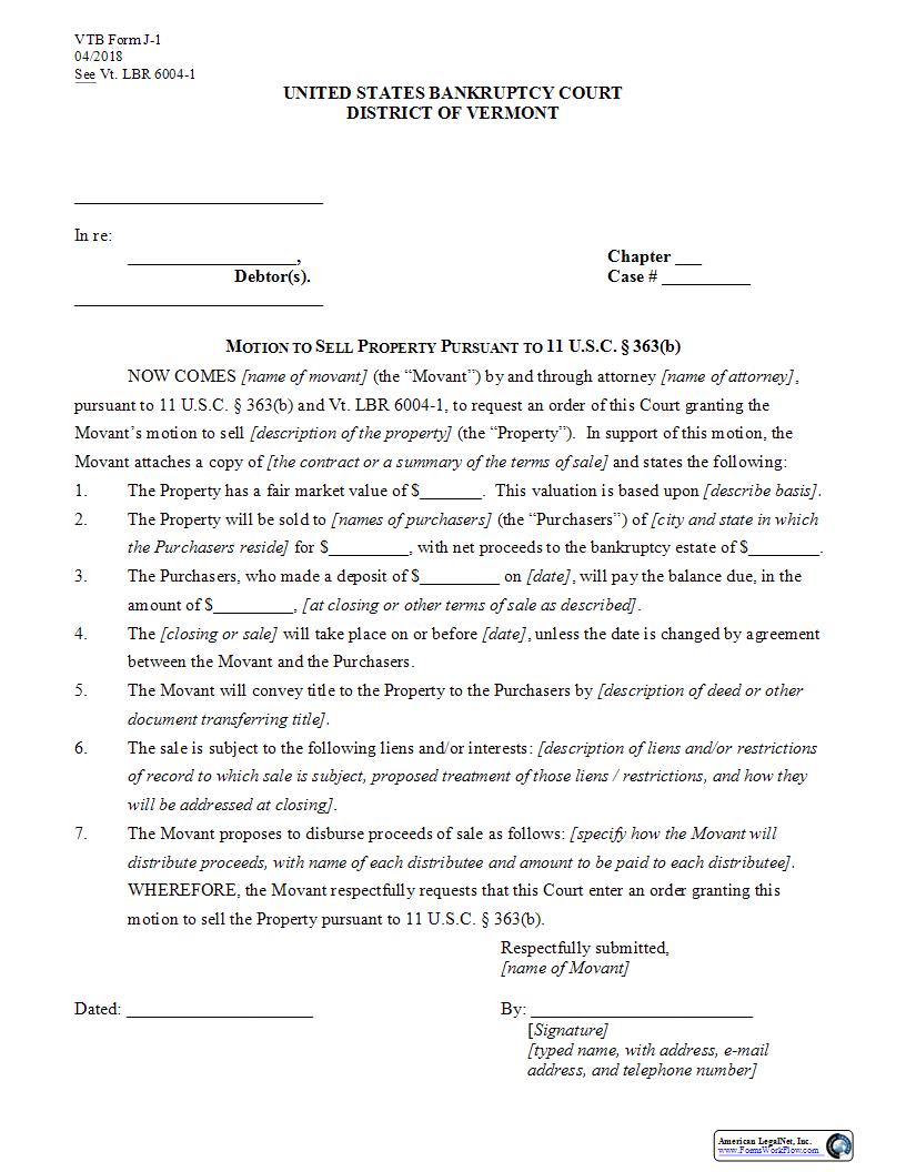 Motion To Sell Pursuant To 11 U.S.C. 363(b) And VT LBR 6004-1 {J-1} | Pdf Fpdf Docx | Vermont