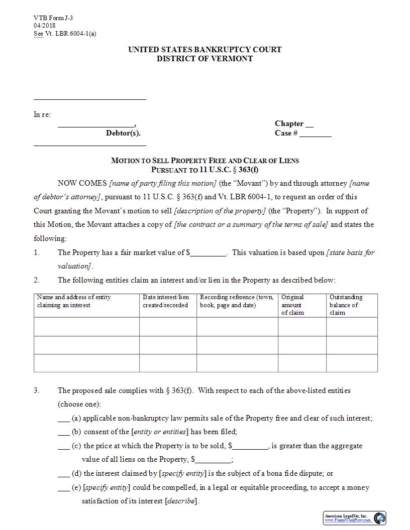 Motion To Sell Pursuant To 11 U.S.C. 363(f) And VT LBR 6004-1 {J-3} | Pdf Fpdf Docx | Vermont
