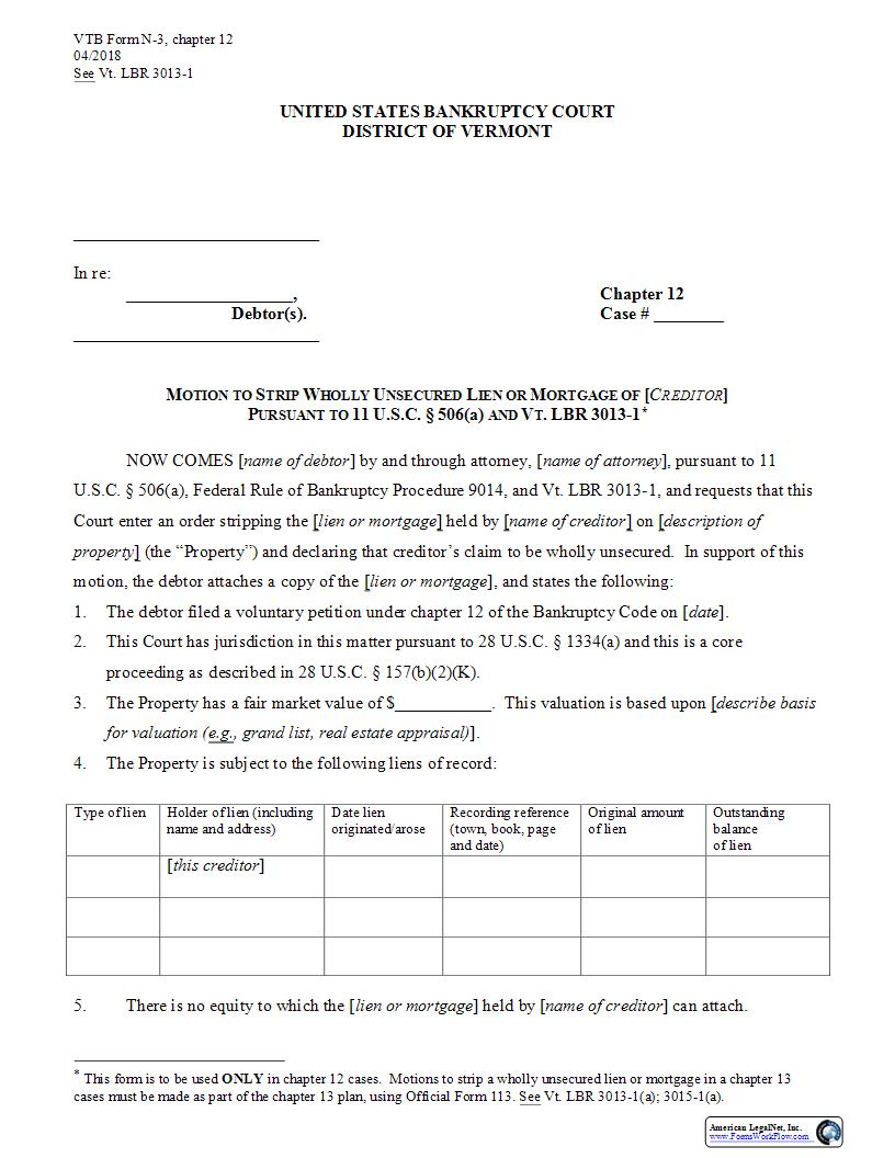 Motion To Strip Wholly Unsecured Lien Or Mortgage Ch 12 {N-3} | Pdf Fpdf Docx | Vermont