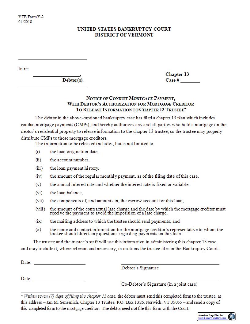 Notice Of Conduit Mortgage Payment With Debtors Authorization {Y-2} | Pdf Fpdf Docx | Vermont