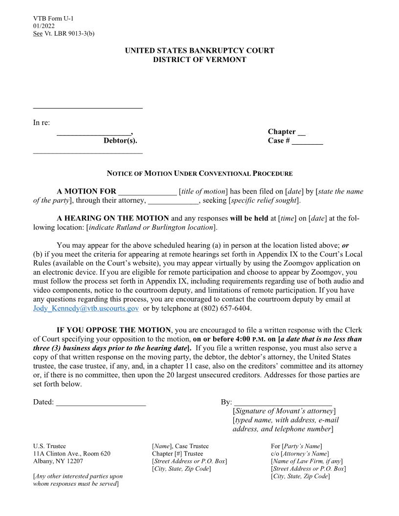 Notice Of Motion {U-1} | Pdf Fpdf Docx | Vermont